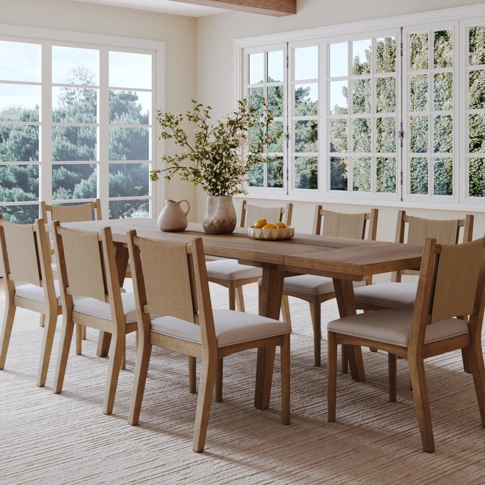 Bohemian Wooden Dining Table Set (8 Chairs)