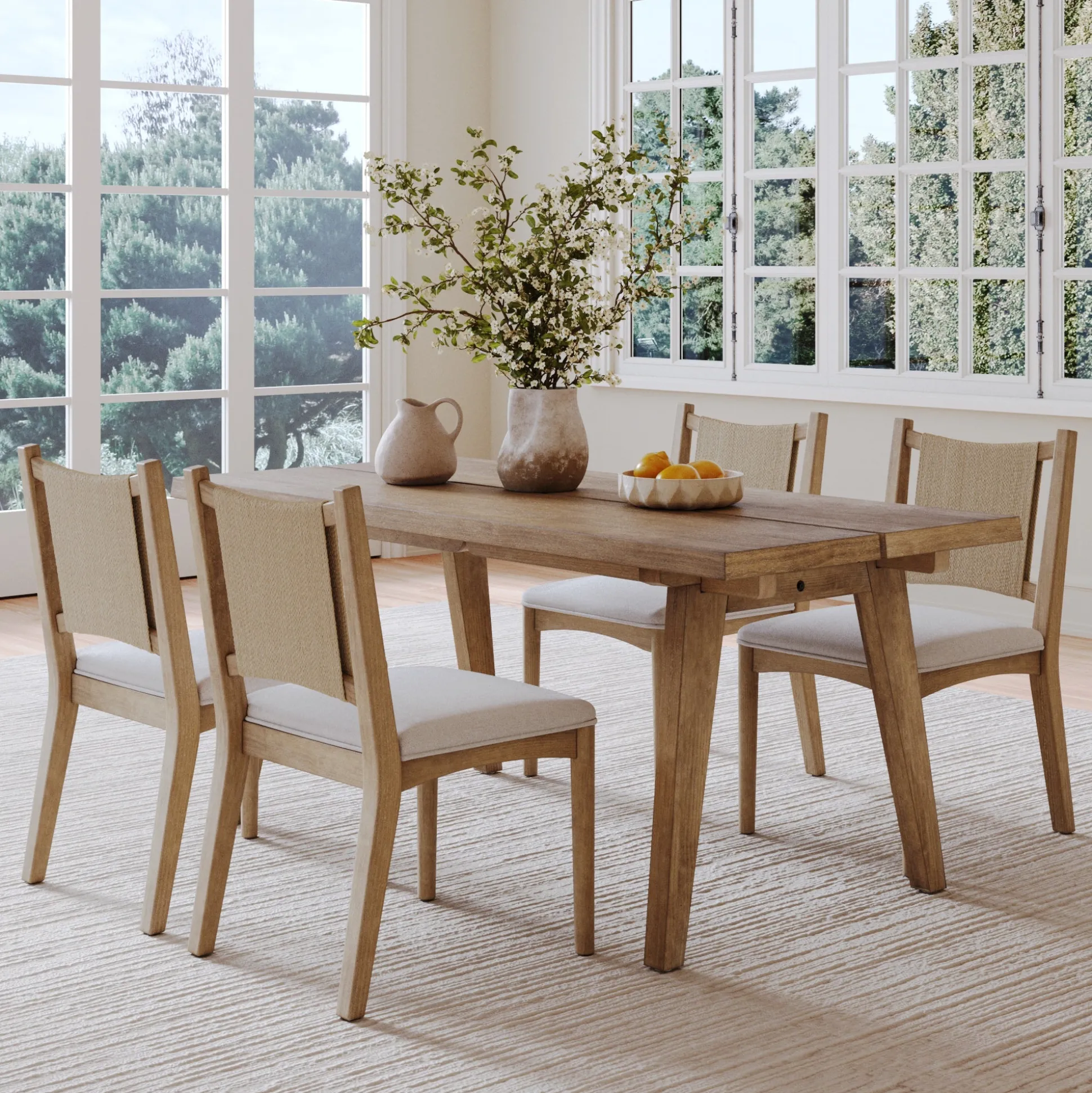 Bohemian Wooden Dining Table Set (4 Chairs)