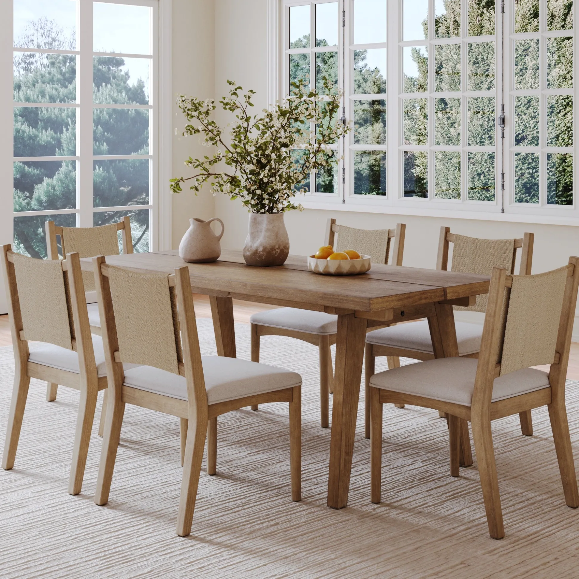 Bohemian Wooden Dining Table Set (6 Chairs)