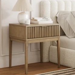Bohemian Wood Nightstand with Drawer Light Brown