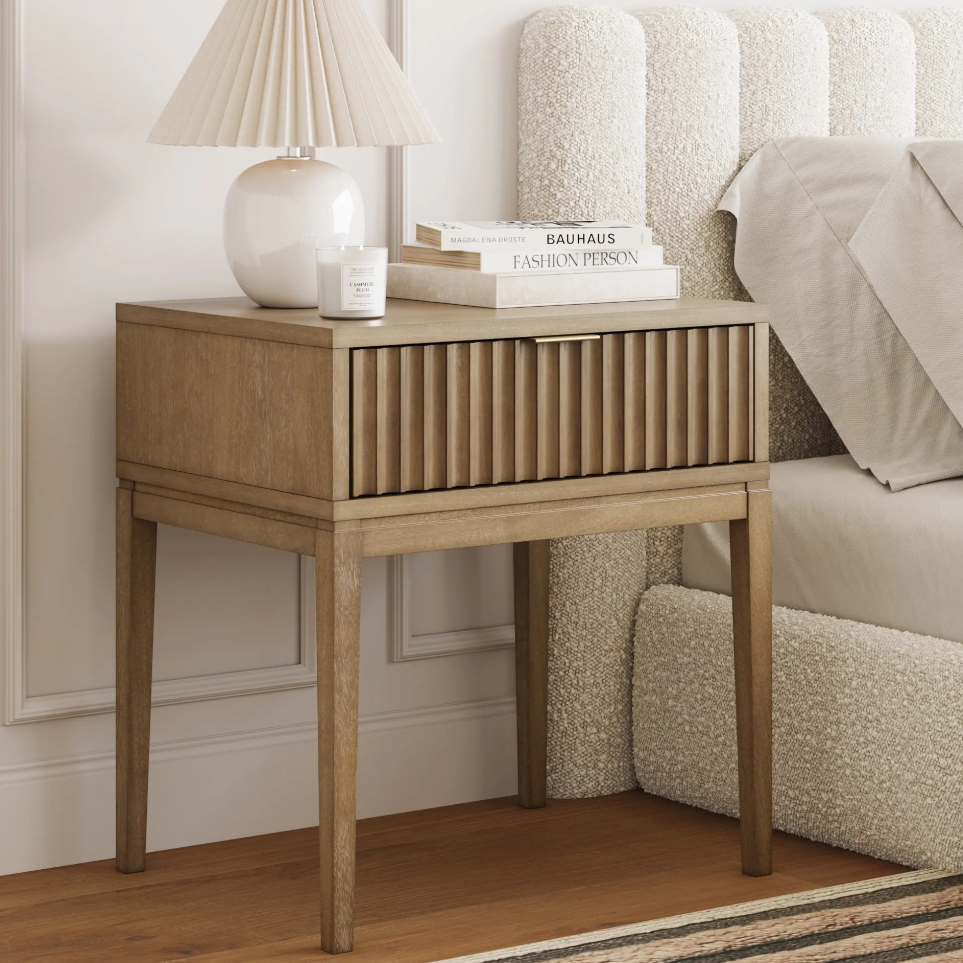 Bohemian Wood Nightstand with Drawer Light Brown