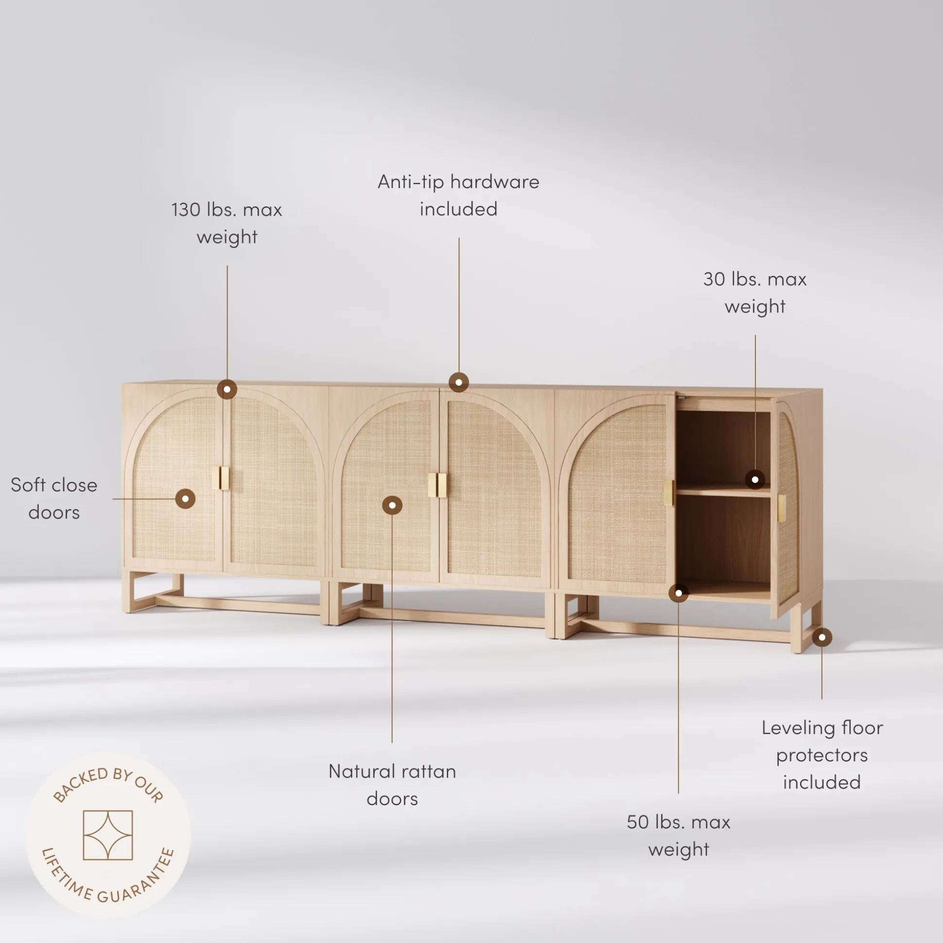 Boho Arched Cabinet Credenza Raw Oak (Set of 3)