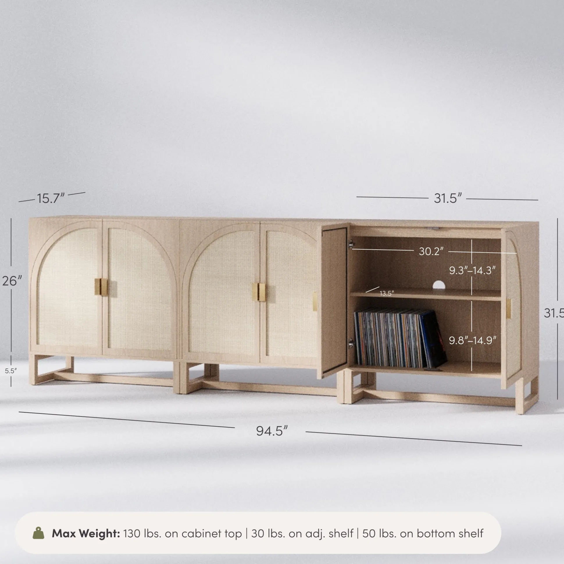 Boho Arched Cabinet Credenza Raw Oak (Set of 3)