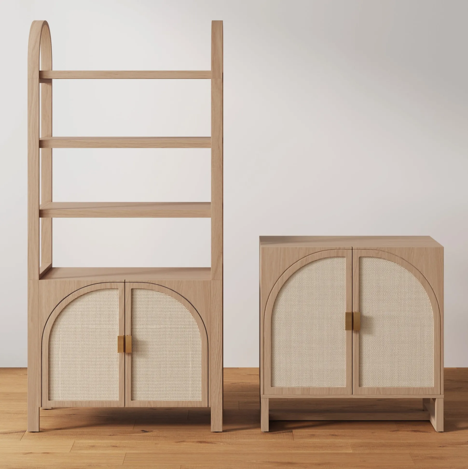 Boho Rattan Arched Door Storage Cabinet Raw Oak