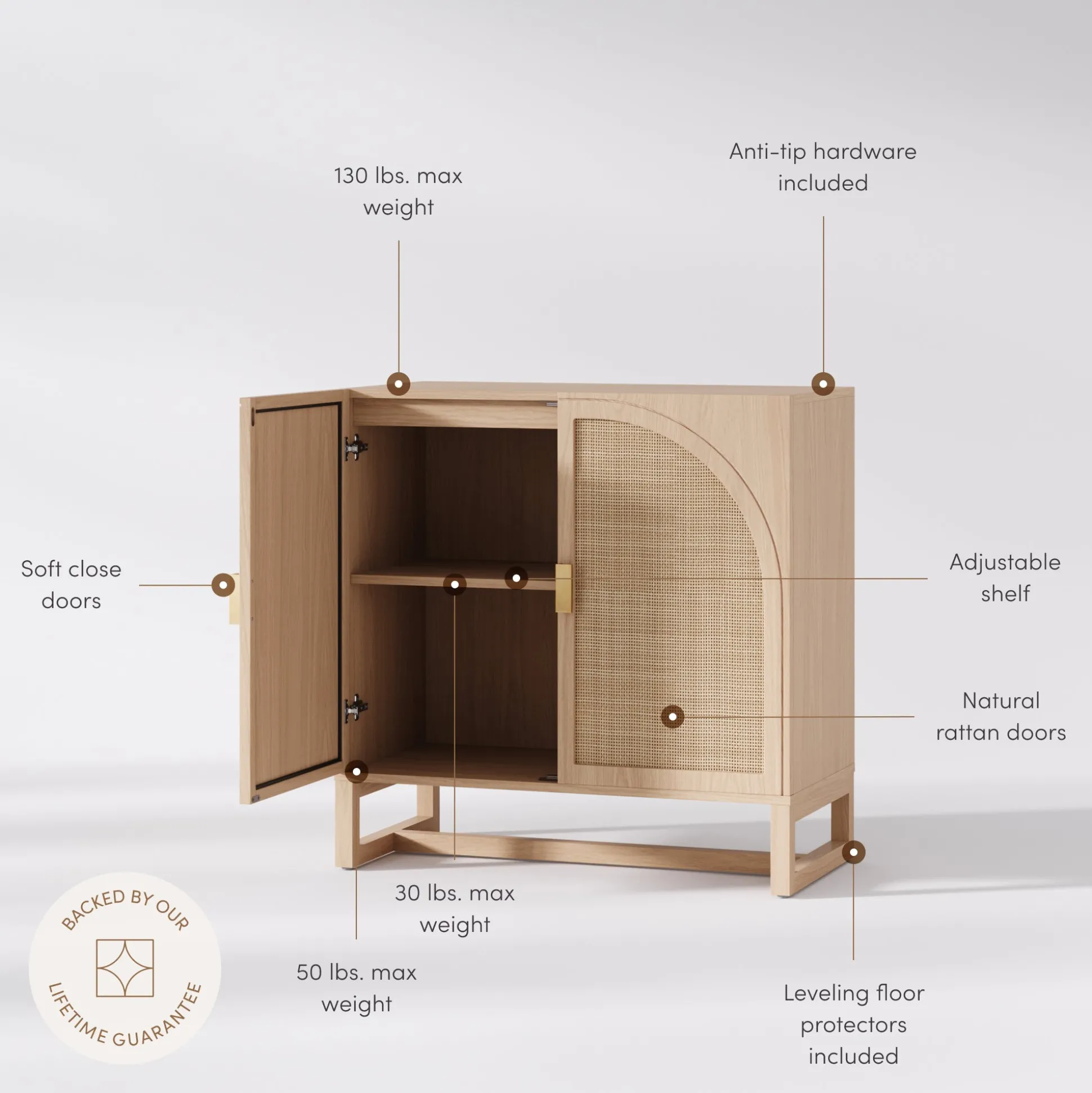 Boho Rattan Arched Door Storage Cabinet Raw Oak