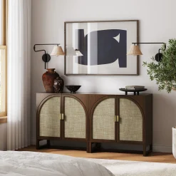 Boho Rattan Arched Door Storage Cabinet Dark Acacia