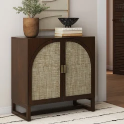 Boho Rattan Arched Door Storage Cabinet Dark Acacia