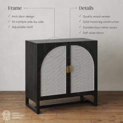 Boho Rattan Arched Door Storage Cabinet Black