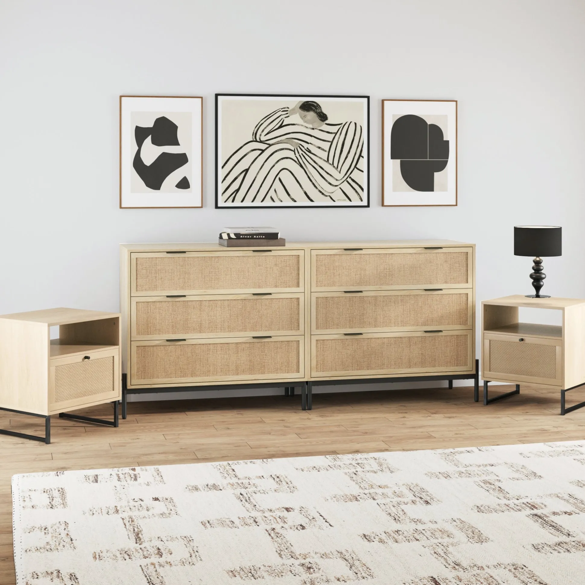 Boho Rattan Cabinet Bedroom Set Light Oak