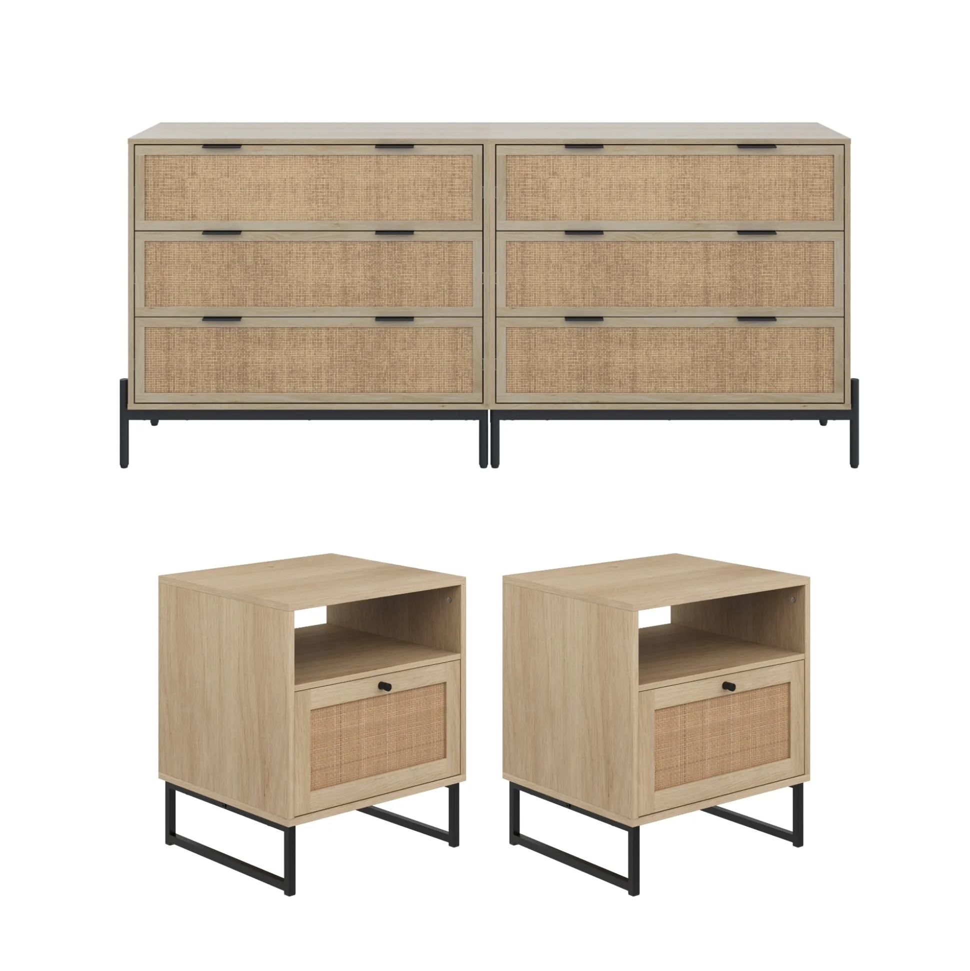 Boho Rattan Cabinet Bedroom Set Light Oak