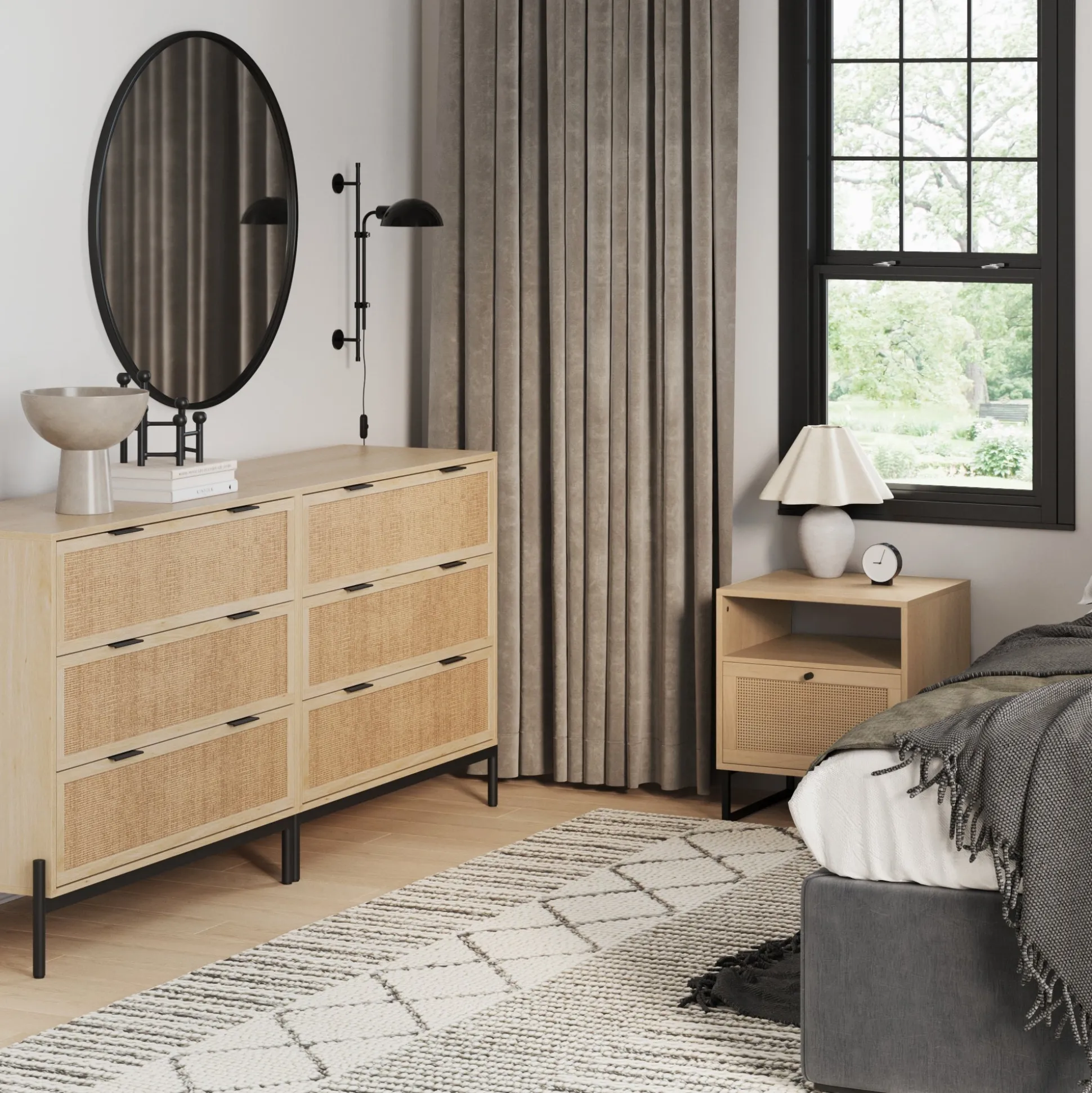 Boho Rattan Cabinet Bedroom Set Light Oak