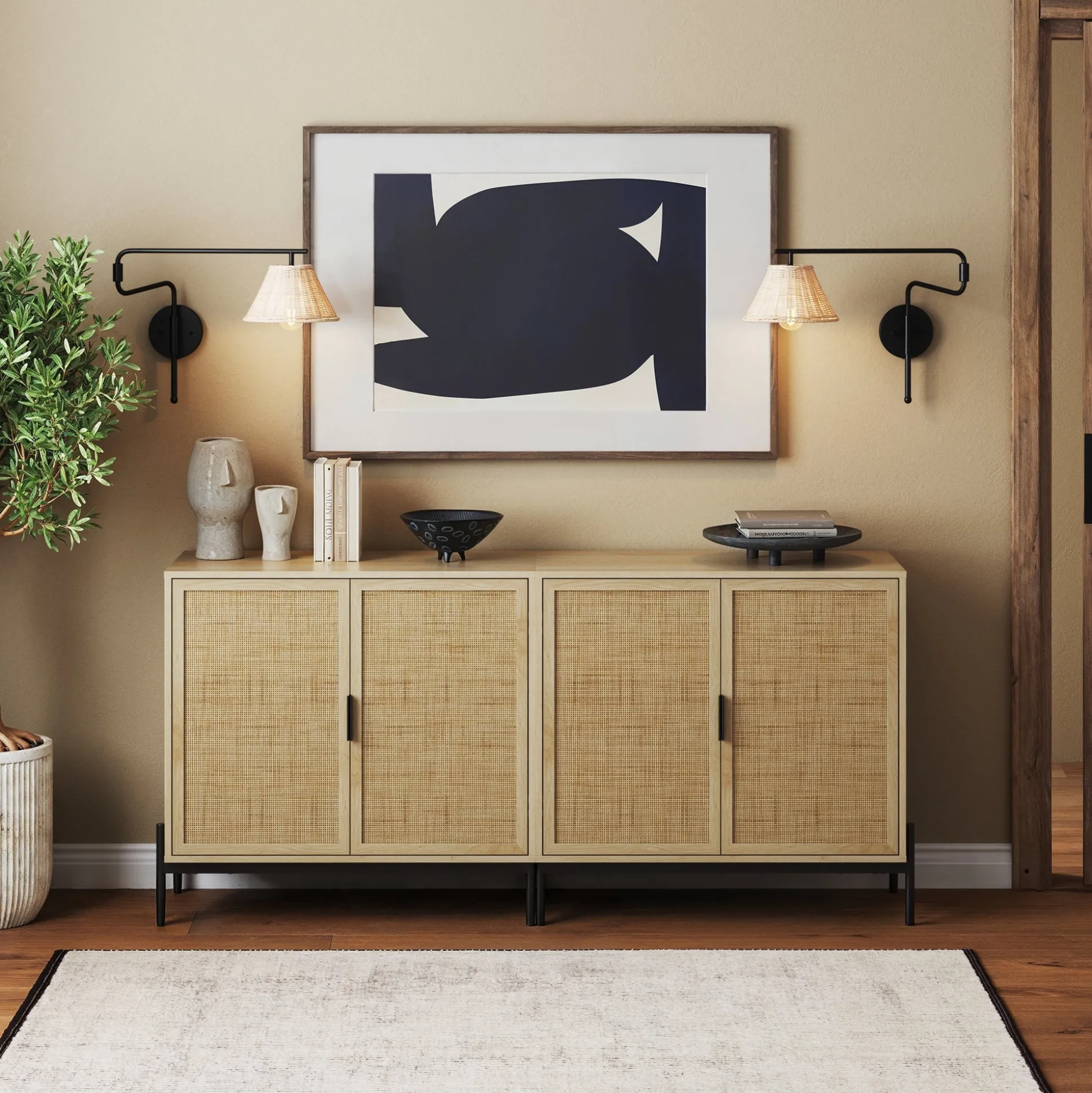 Boho Rattan Credenza Console Table Oak (Set of 2)