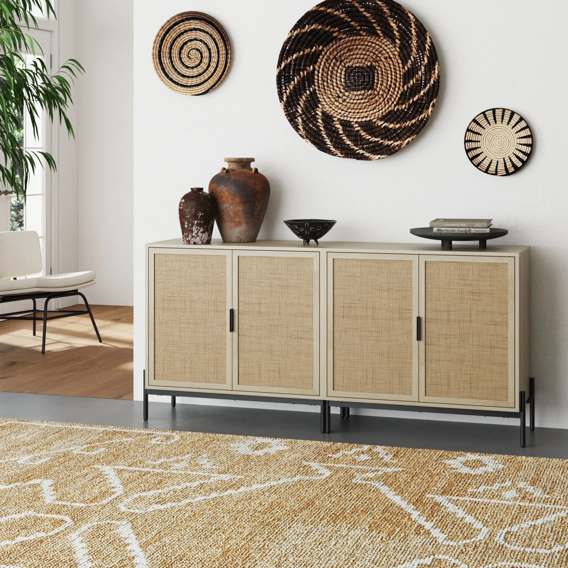 Boho Rattan Credenza Console Table Oak (Set of 2)