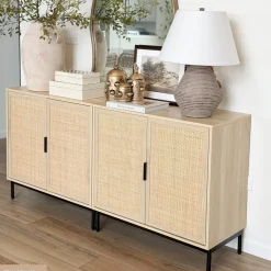 Boho Rattan Credenza Console Table Oak (Set of 2)