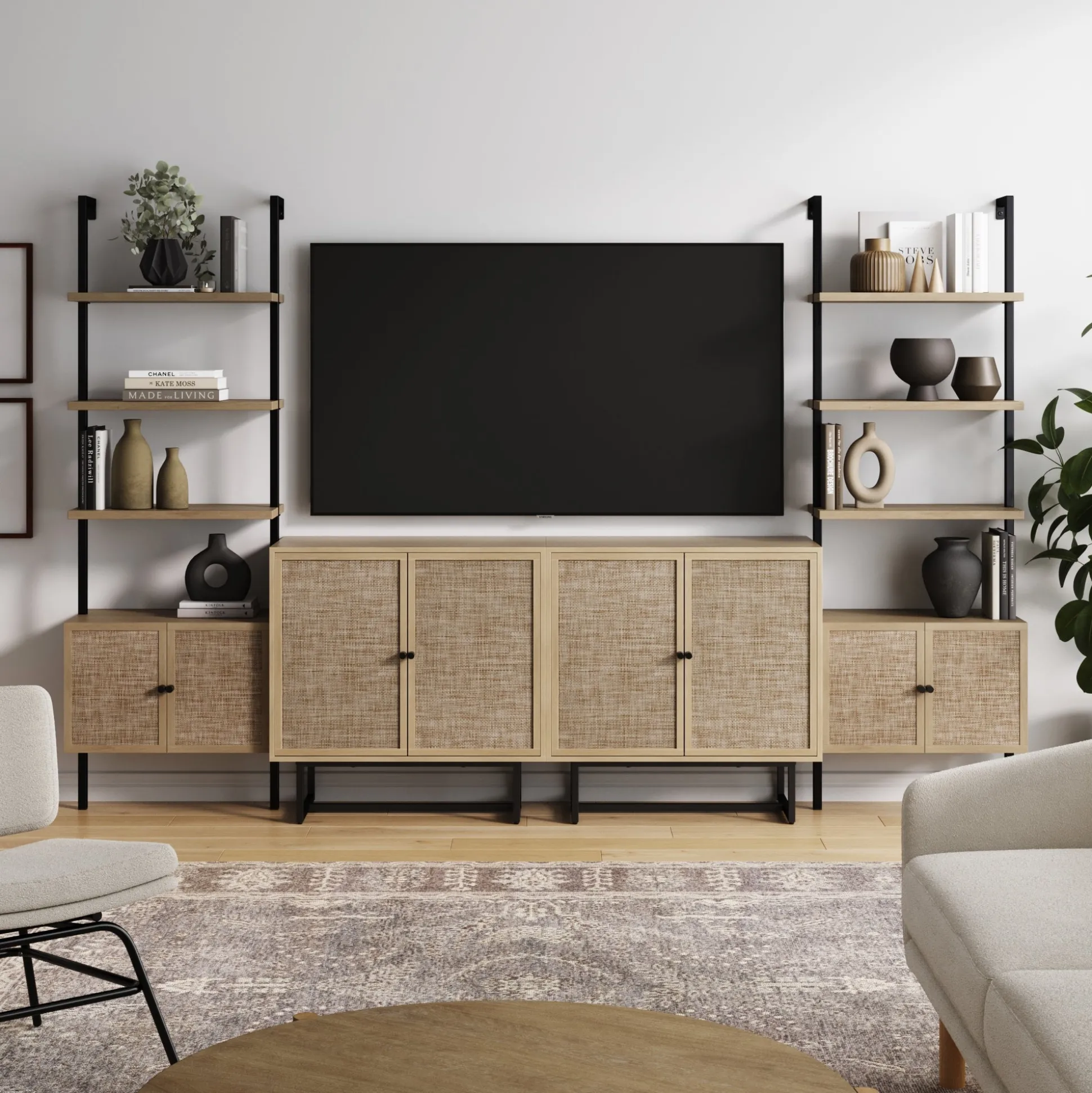 Boho Rattan Entertainment Center Light Oak