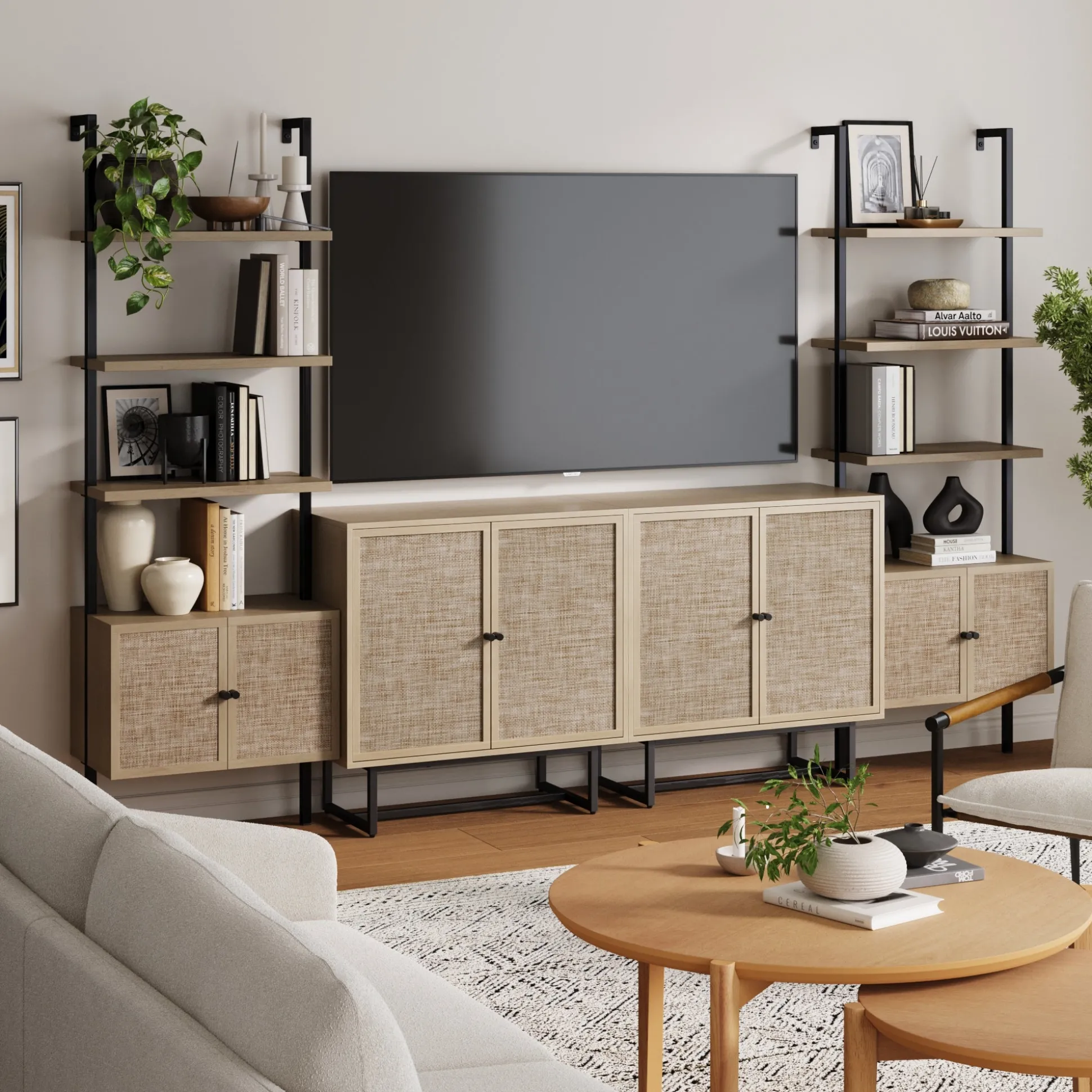 Boho Rattan Entertainment Center Light Oak