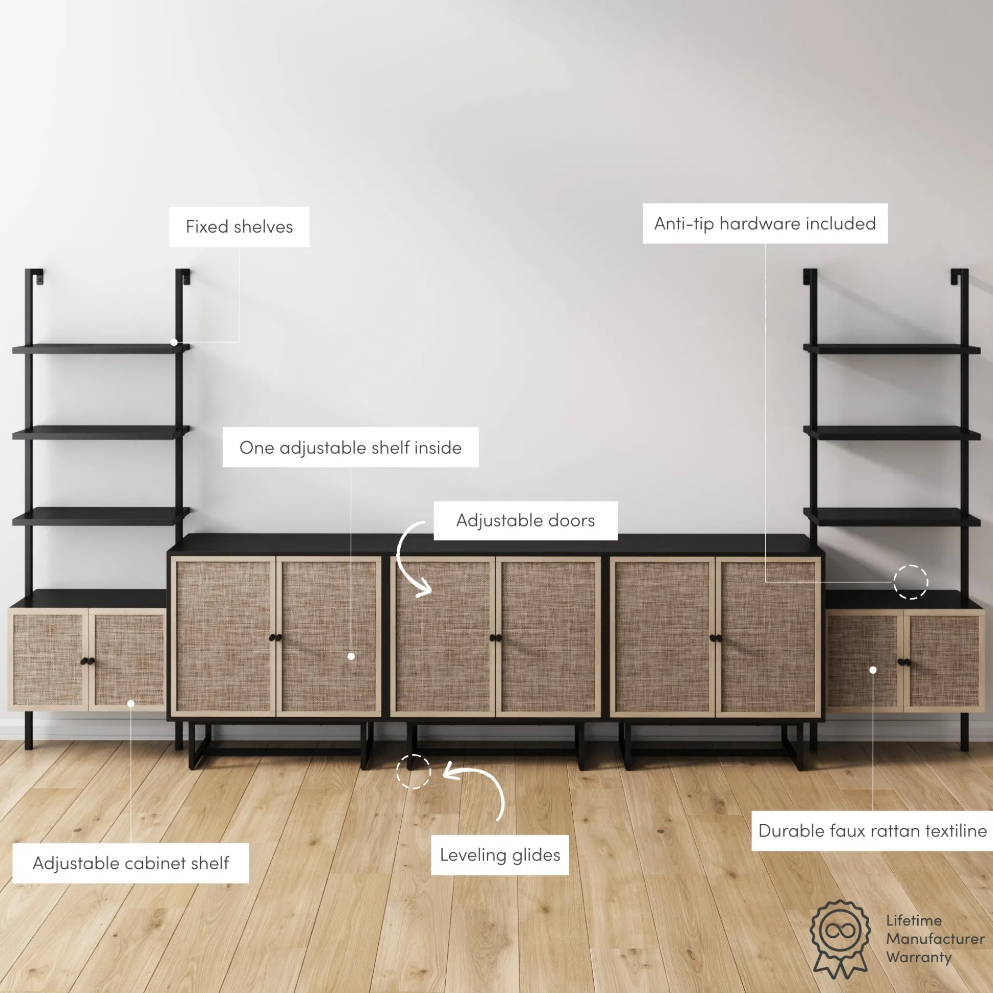 Boho Rattan Entertainment Center with Bookshelves
