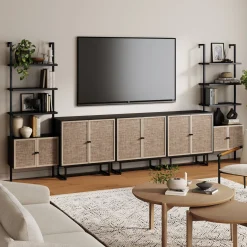 Boho Rattan Entertainment Center with Bookshelves
