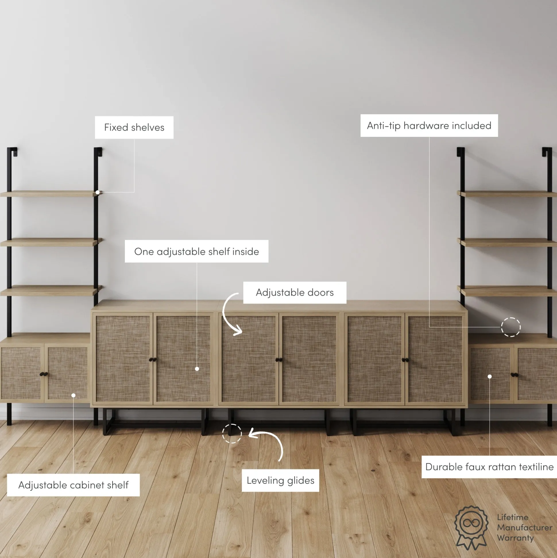 Boho Rattan Entertainment Center (3 Cabinets)