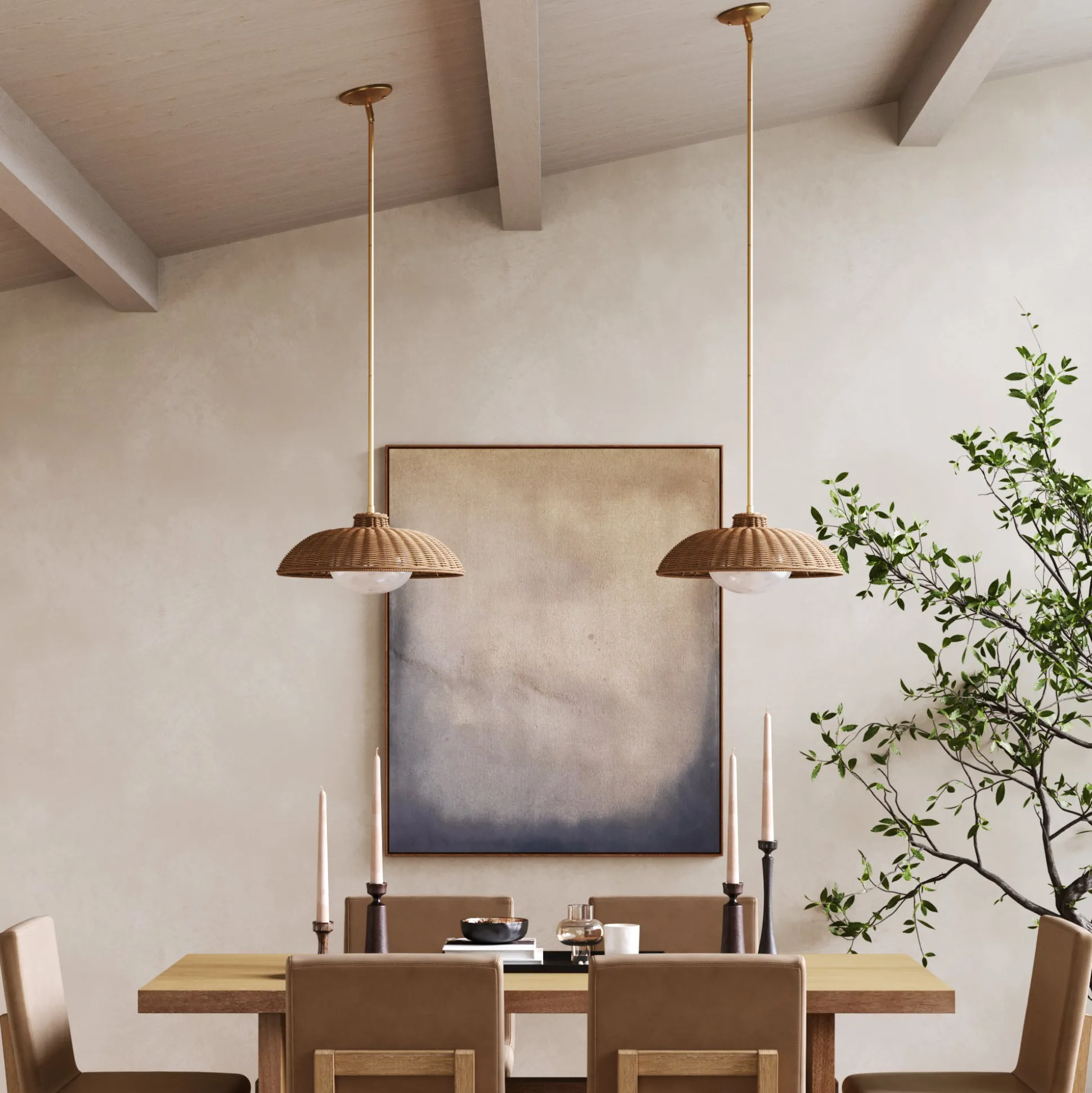 Boho Rattan Pendant Light Fixture with Glass Diffuser
