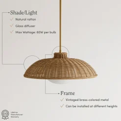 Boho Rattan Pendant Light Fixture with Glass Diffuser