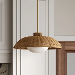 Boho Rattan Pendant Light Fixture with Glass Diffuser