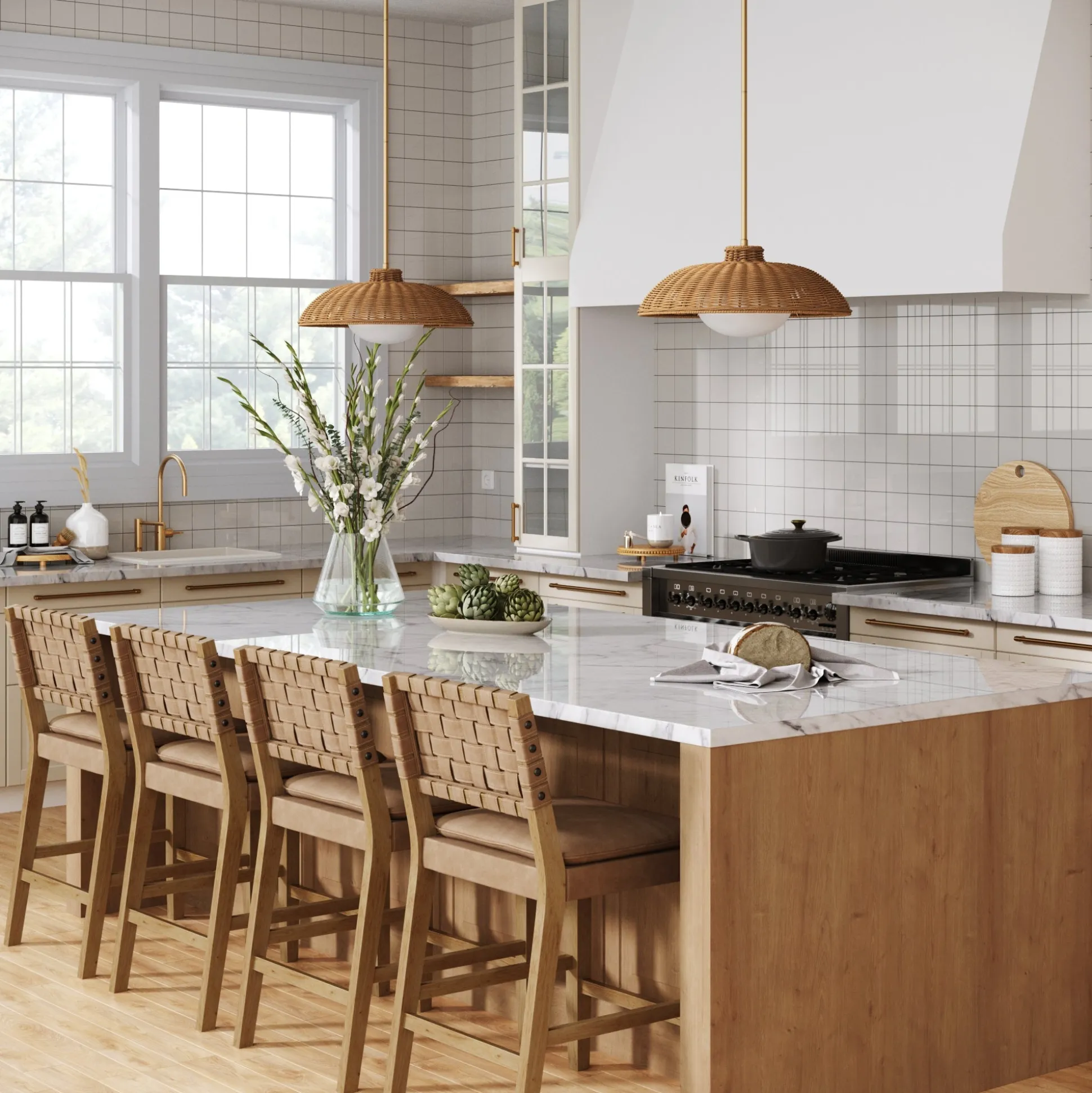 Boho Rattan Pendant Light Fixture with Glass Diffuser