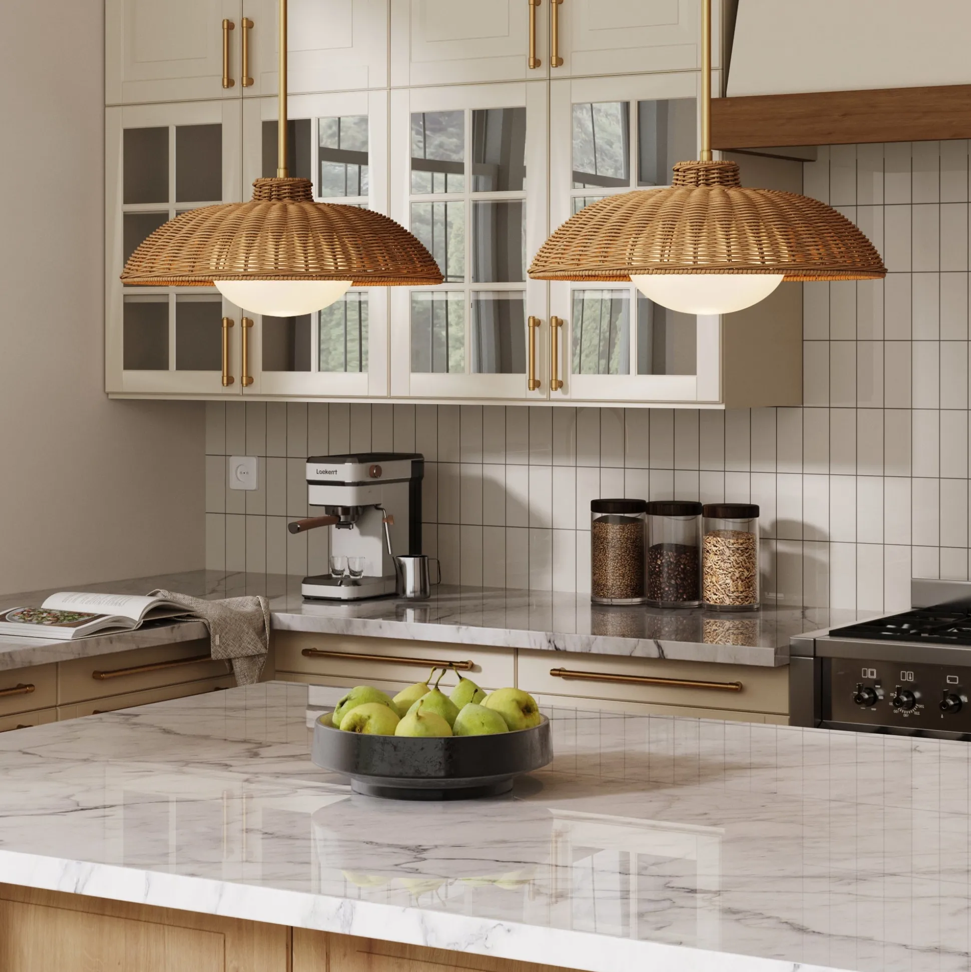 Boho Rattan Pendant Light Fixture with Glass Diffuser (Set of 2)