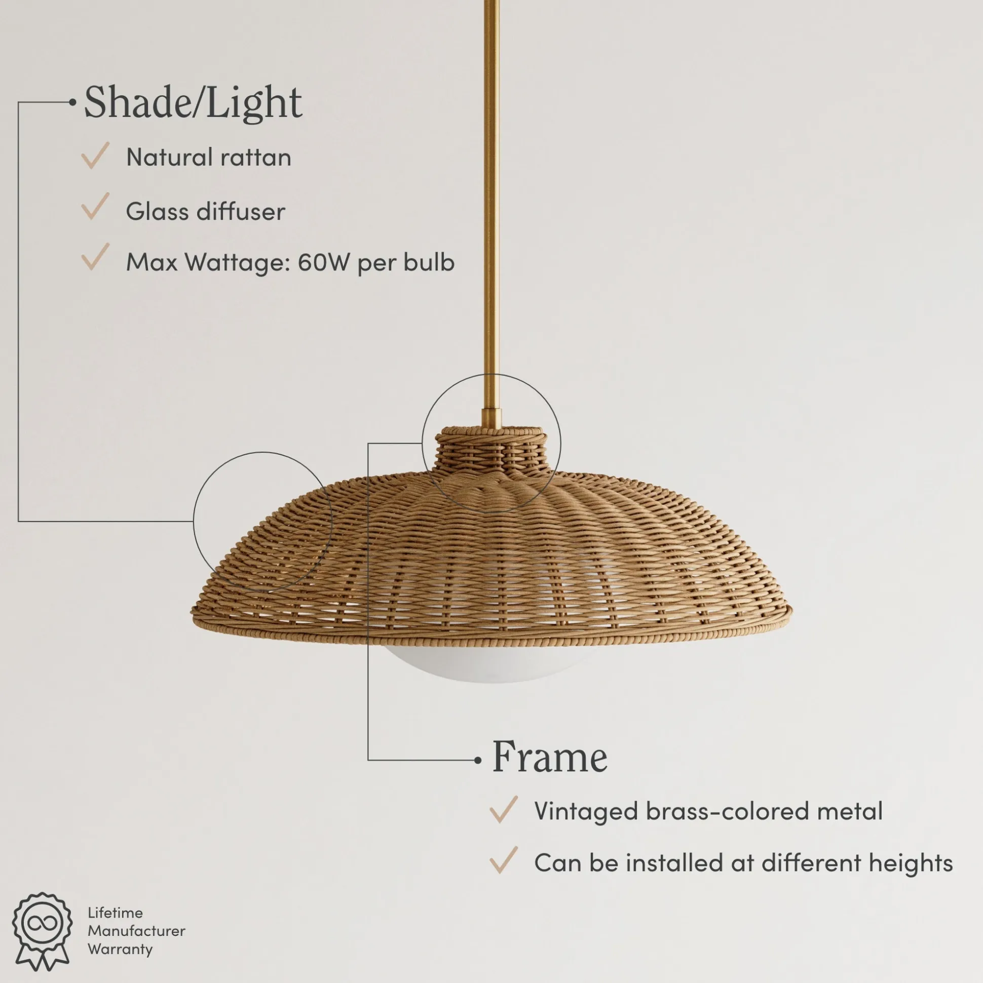 Boho Rattan Pendant Light Fixture with Glass Diffuser (Set of 2)