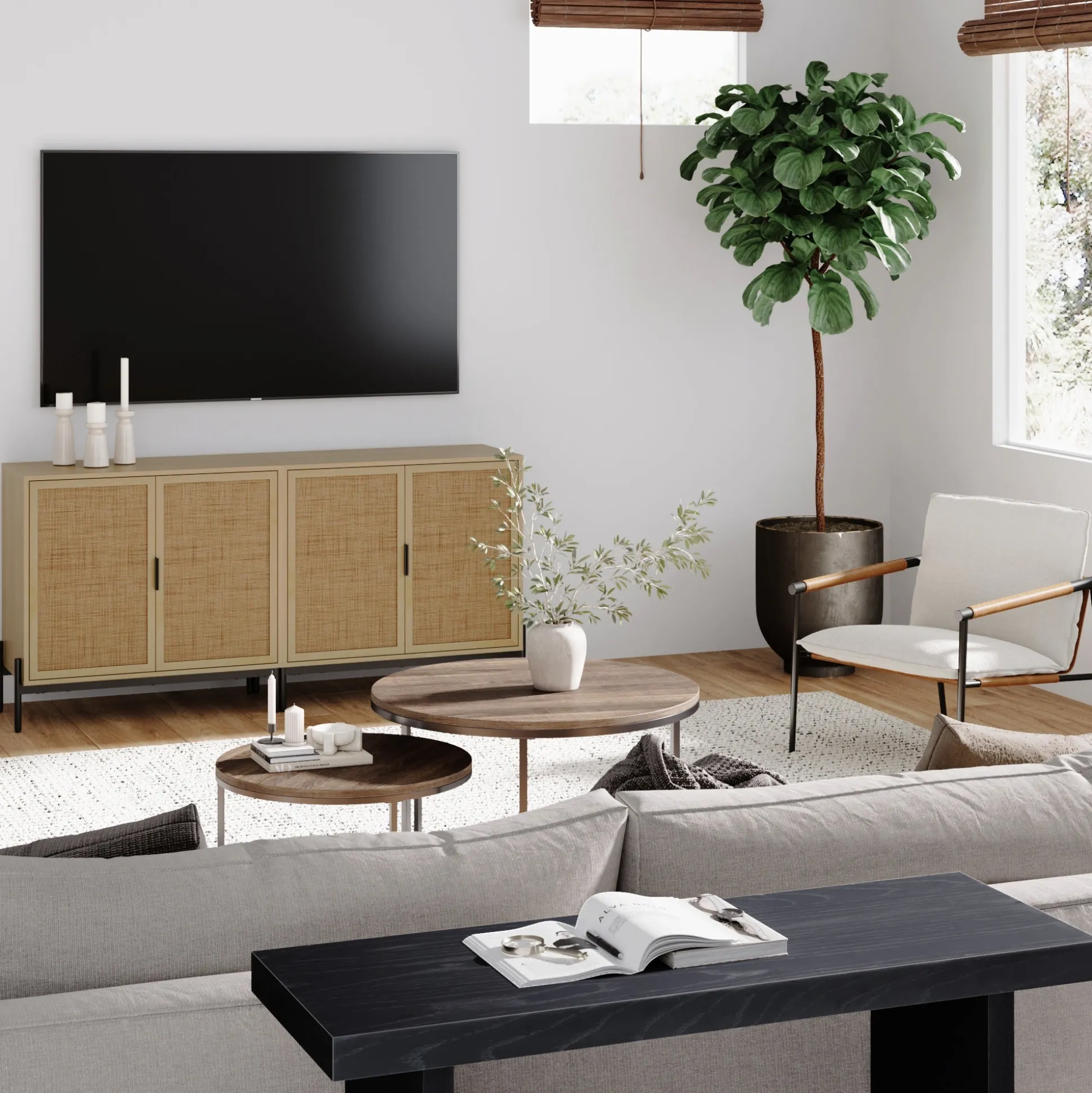 Boho Rattan TV Console for TVs up to 65" with Metal Legs Light Oak