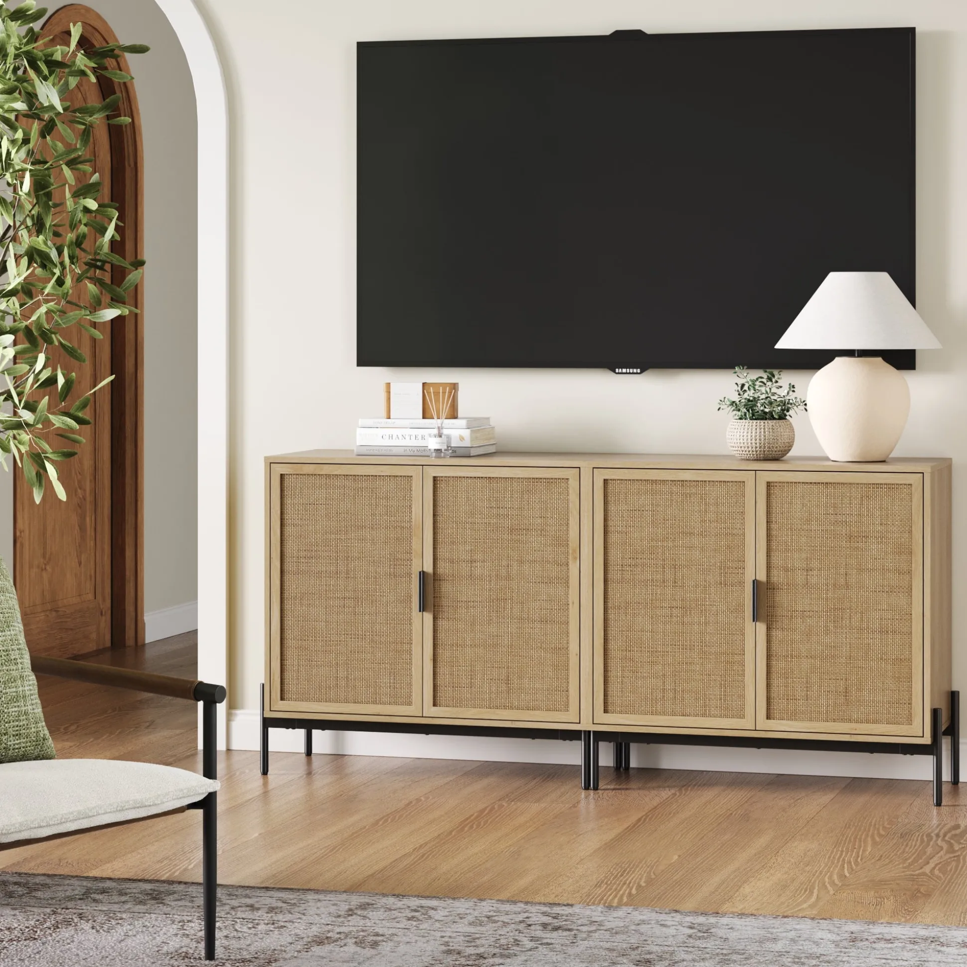 Boho Rattan TV Console for TVs up to 65" with Metal Legs Light Oak
