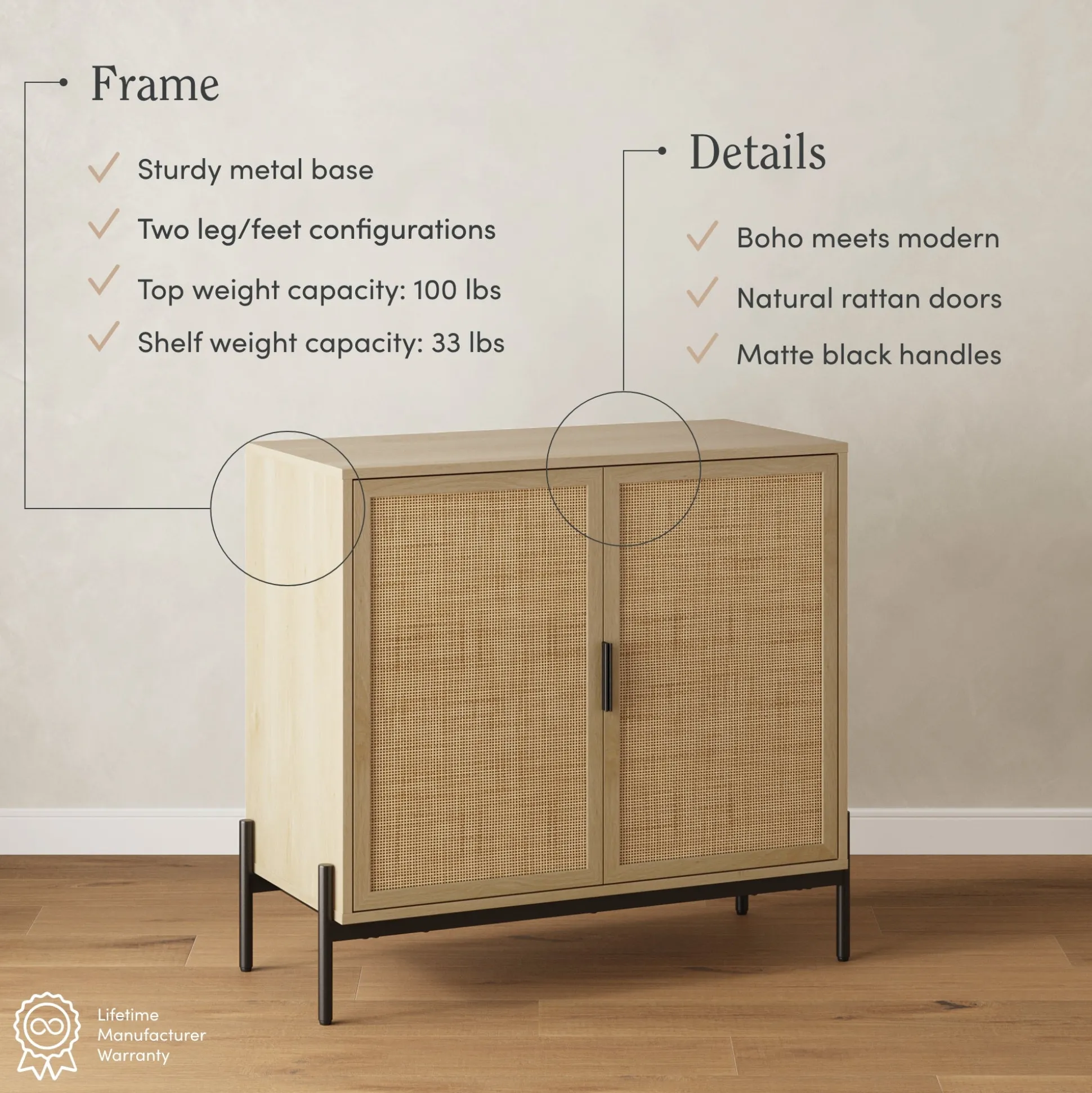Boho Rattan TV Console for TVs up to 75" with Metal Legs Light Oak