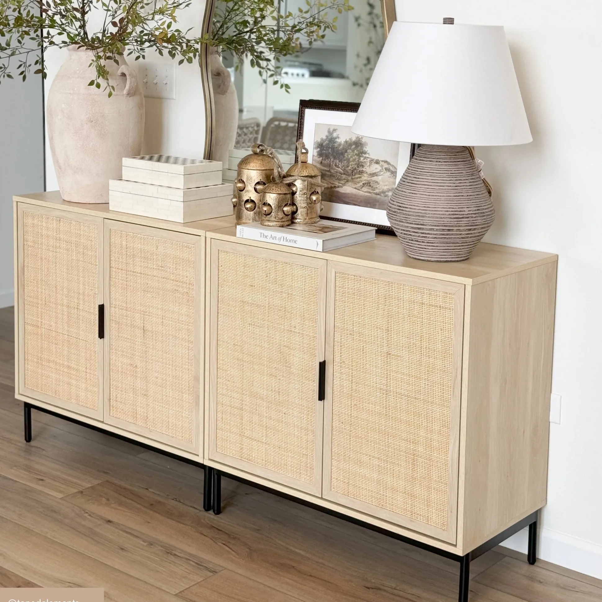 Boho Rattan TV Console for TVs up to 75" with Metal Legs Light Oak
