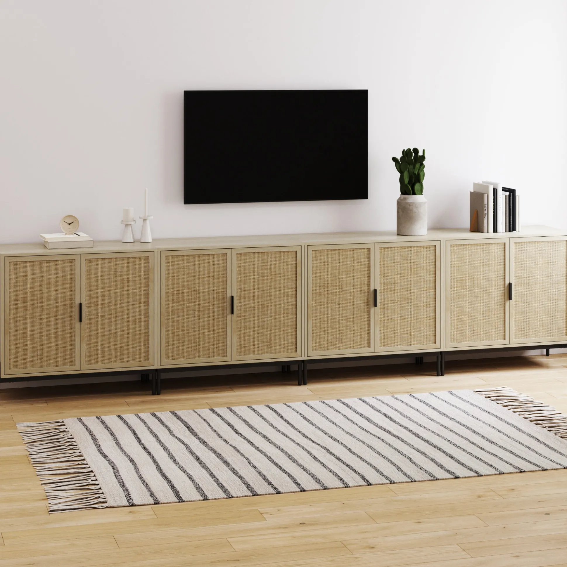 Boho Rattan TV Console for TVs up to 100" with Metal Legs Light Oak