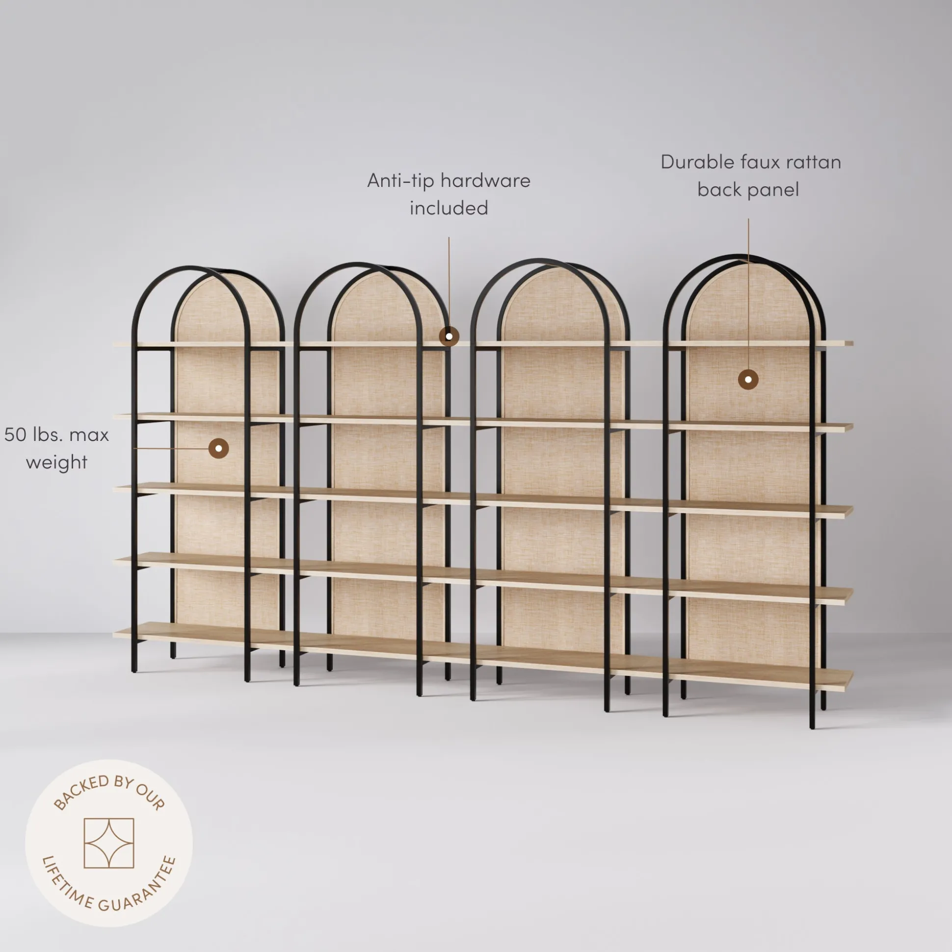 Boho Rattan & Wood Arched Bookshelves (Set of 4)