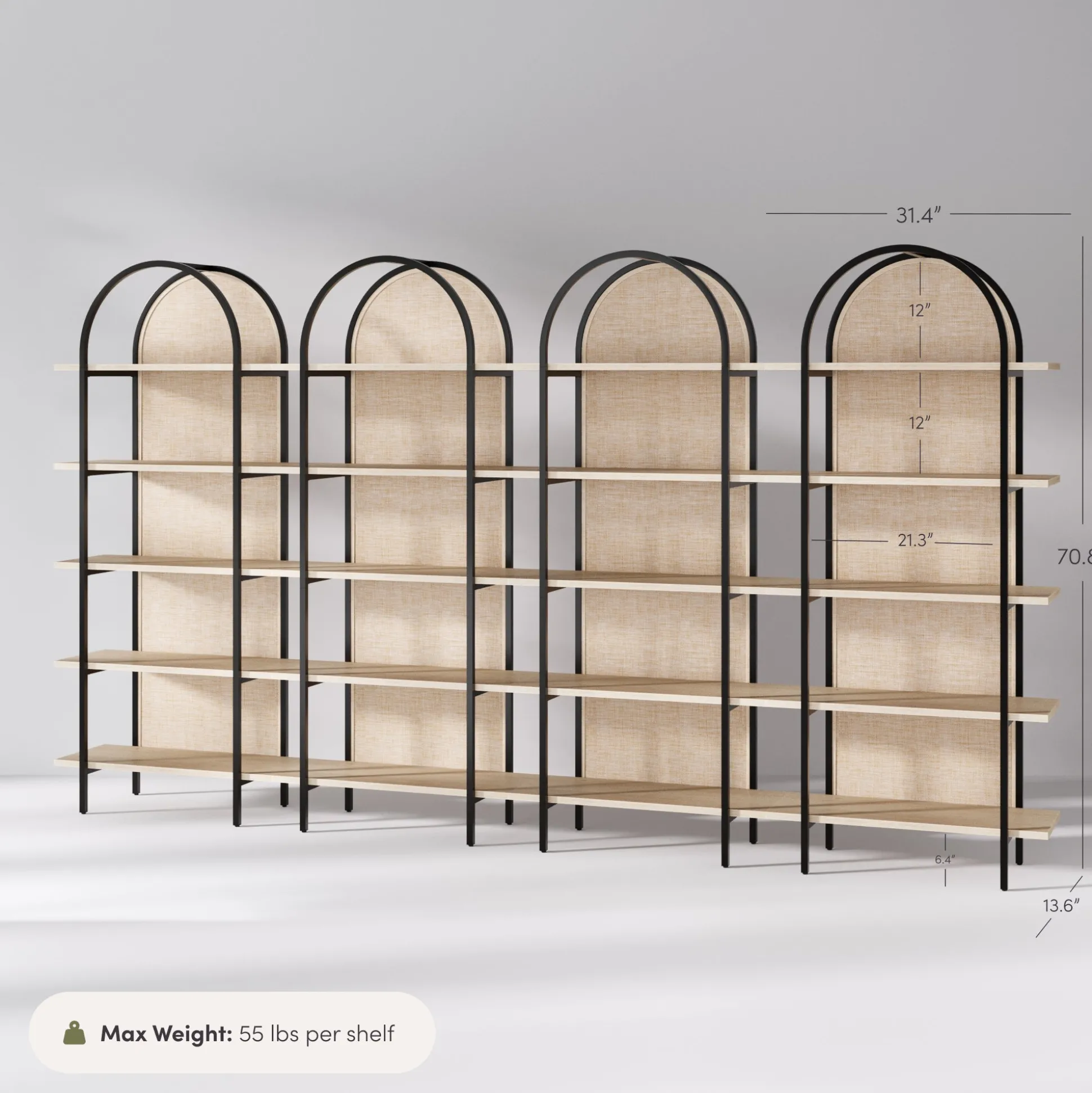 Boho Rattan & Wood Arched Bookshelves (Set of 4)