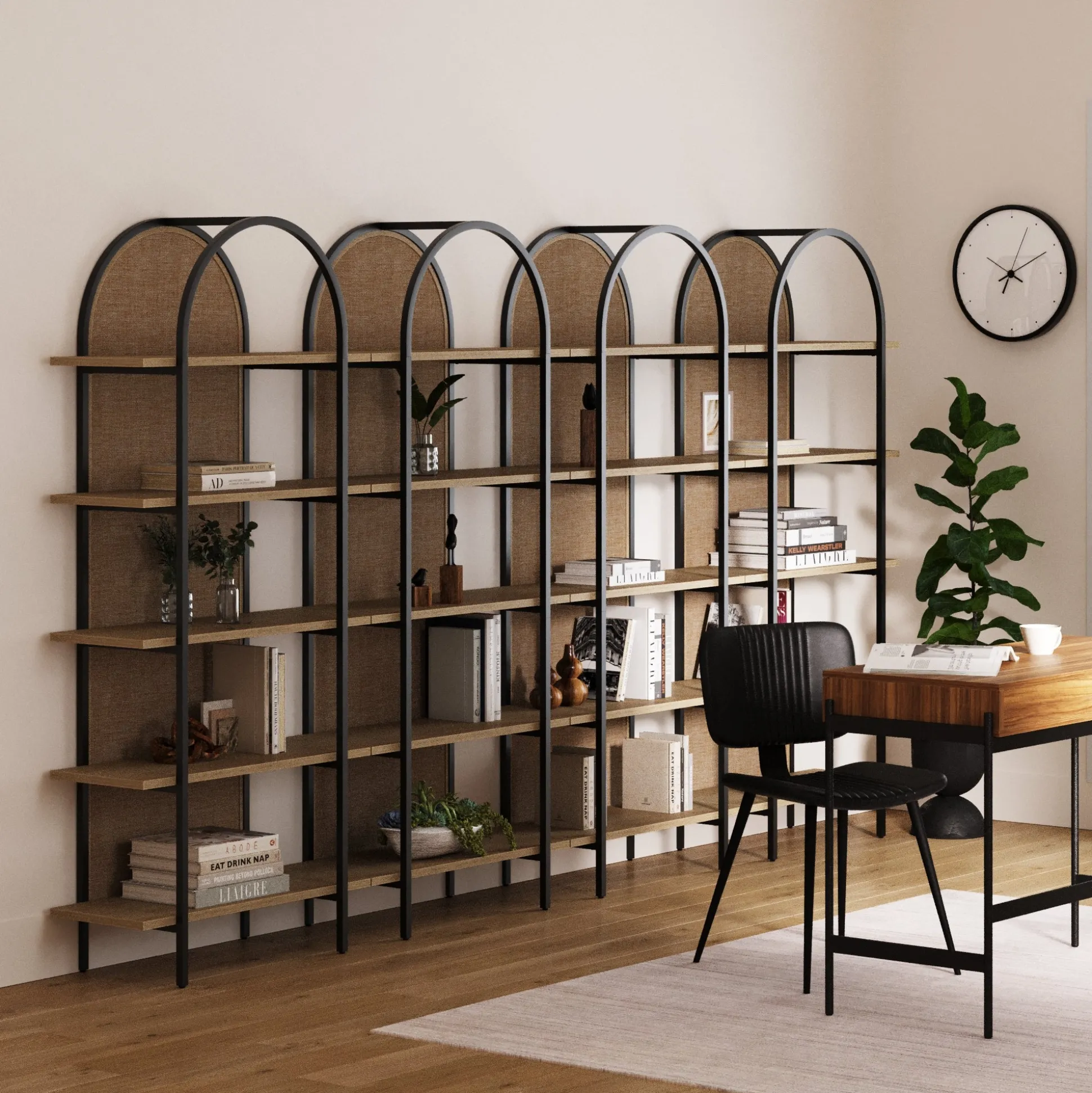 Boho Rattan & Wood Arched Bookshelves (Set of 4)