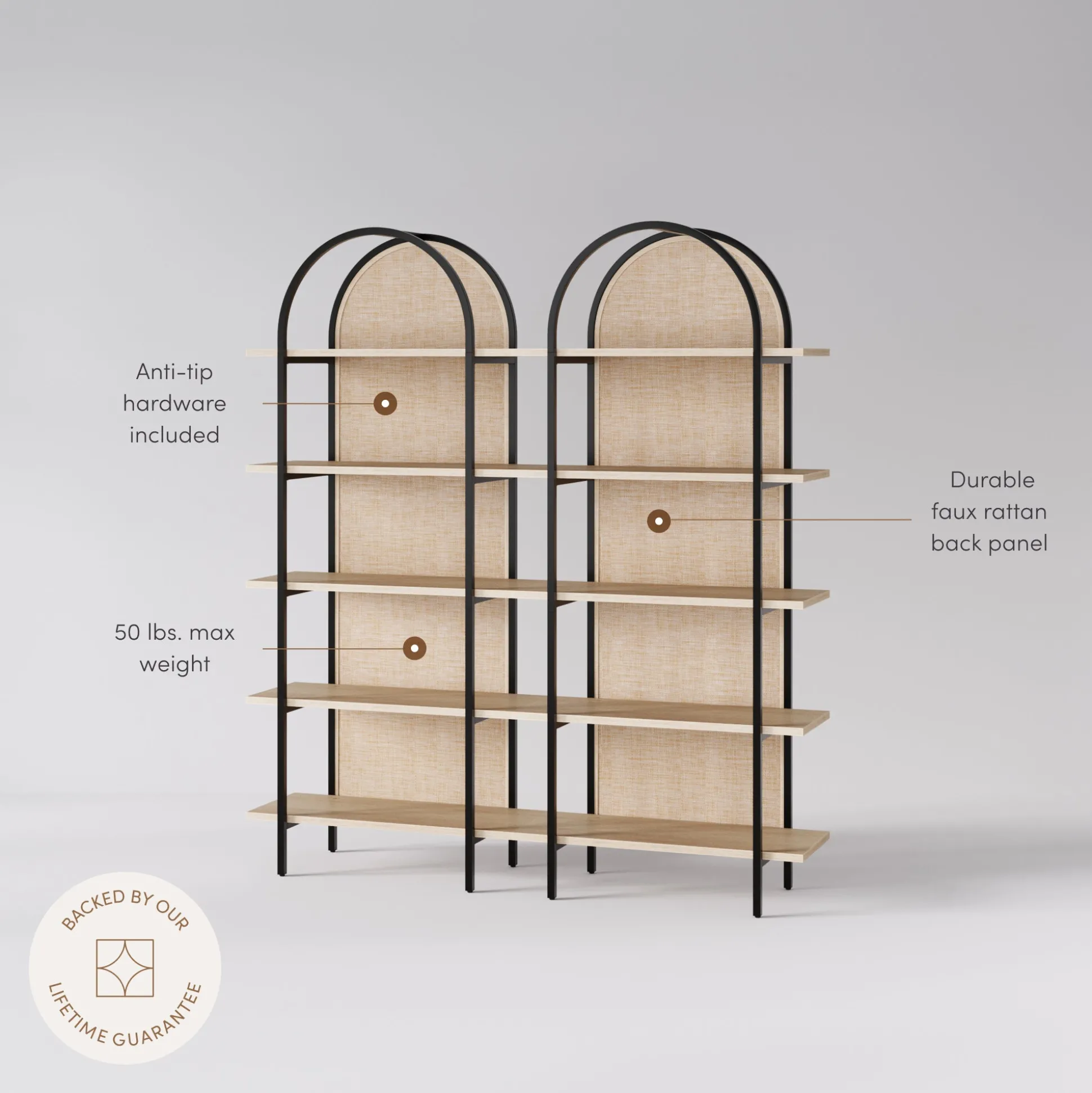 Boho Rattan & Wood Arched Bookshelves (Set of 2)