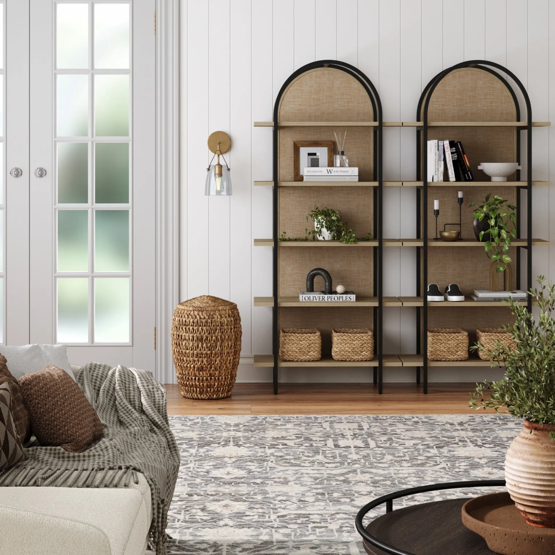 Boho Rattan & Wood Arched Bookshelves (Set of 2)