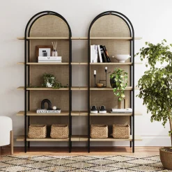 Boho Rattan & Wood Arched Bookshelves (Set of 2)