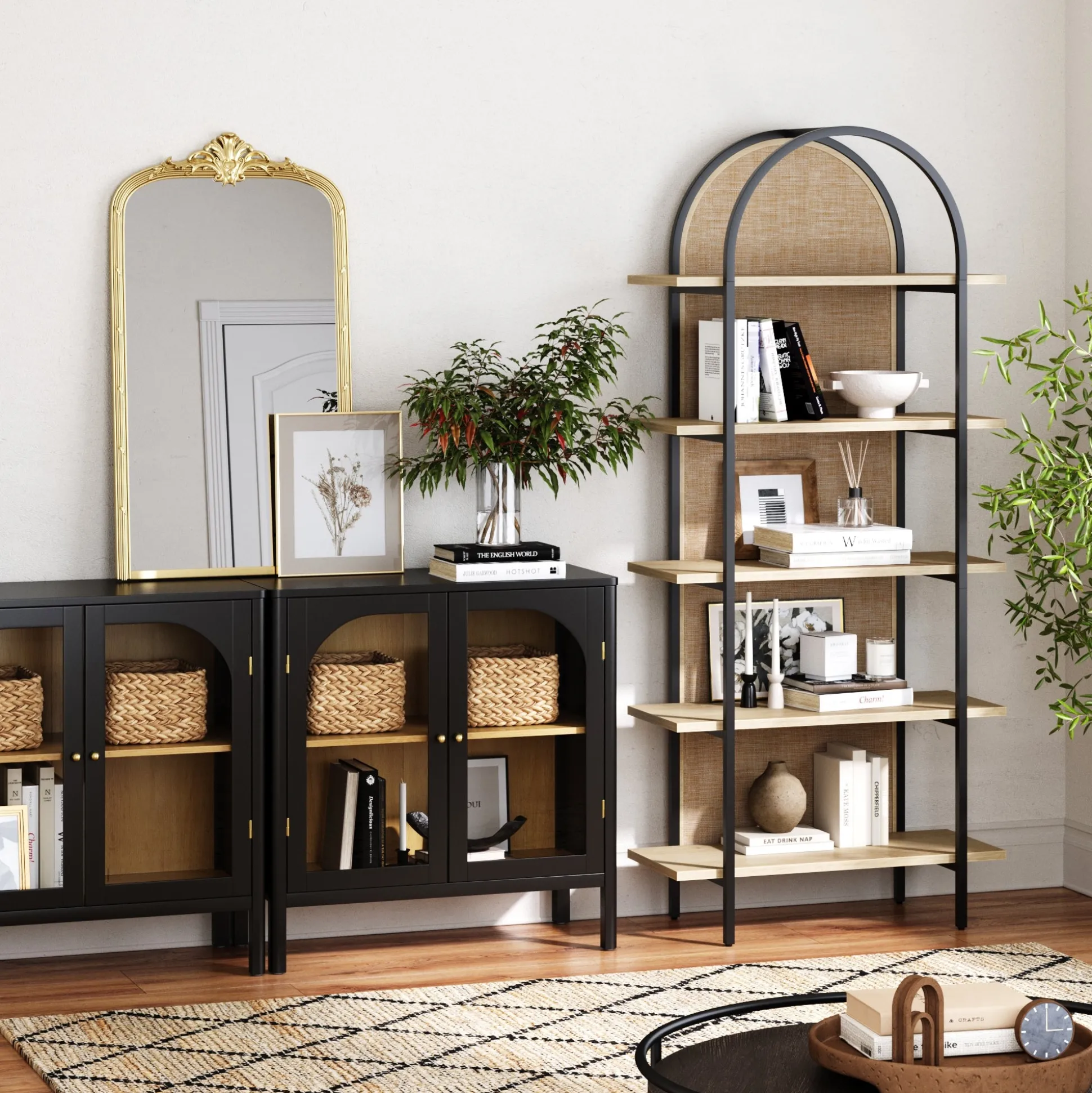Boho Rattan & Wood Arched Bookshelf