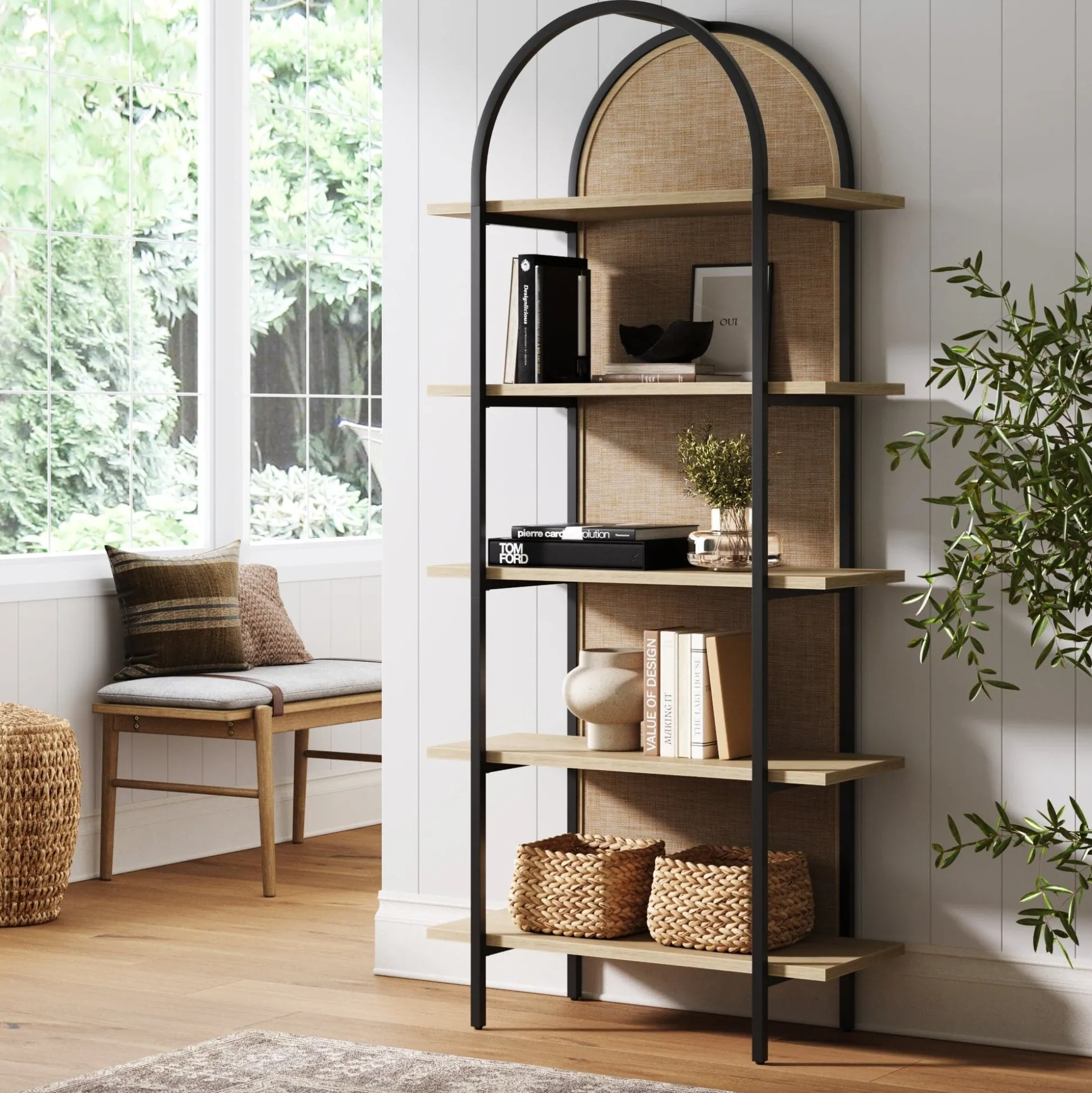 Boho Rattan & Wood Arched Bookshelf