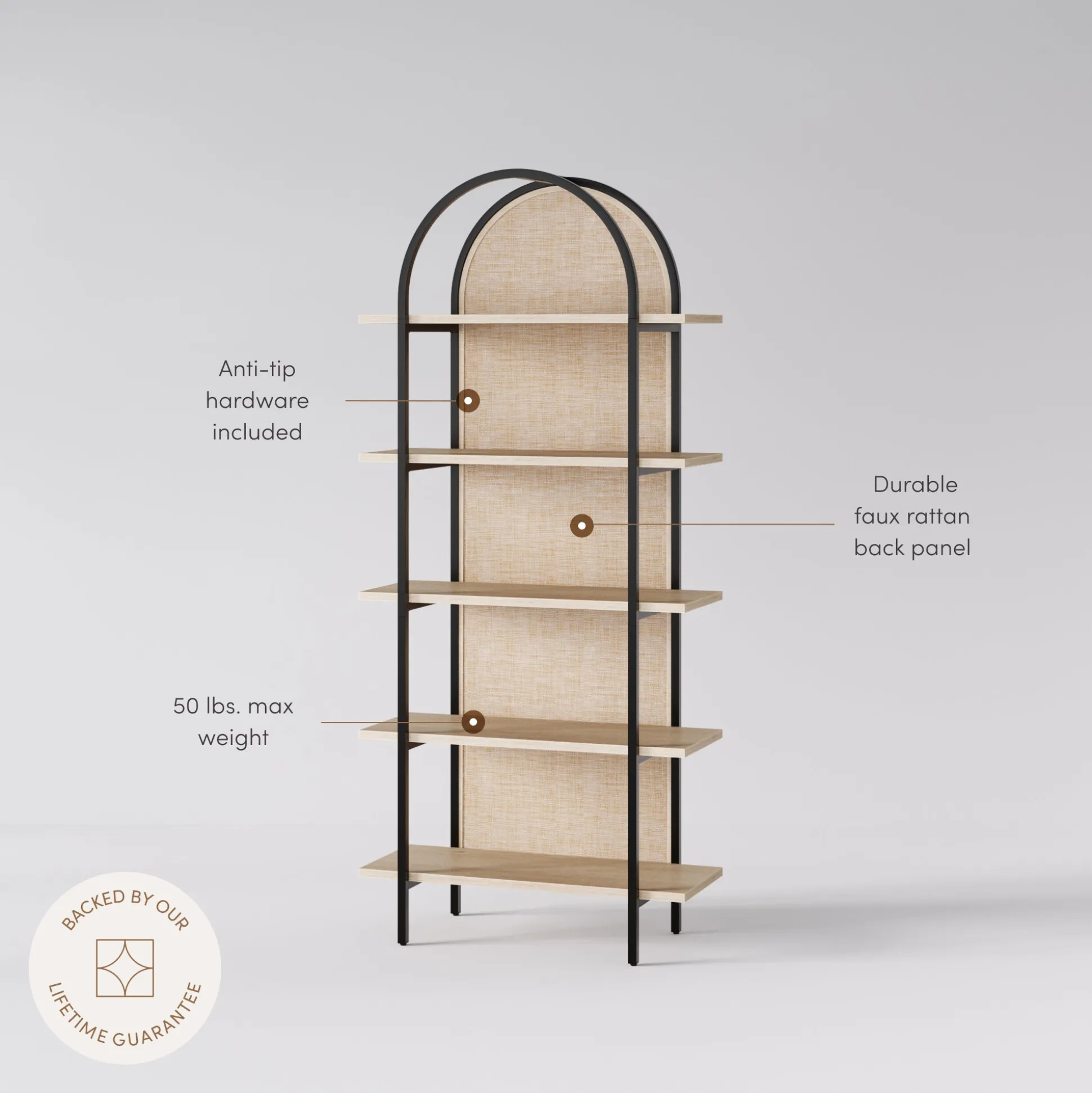 Boho Rattan & Wood Arched Bookshelf