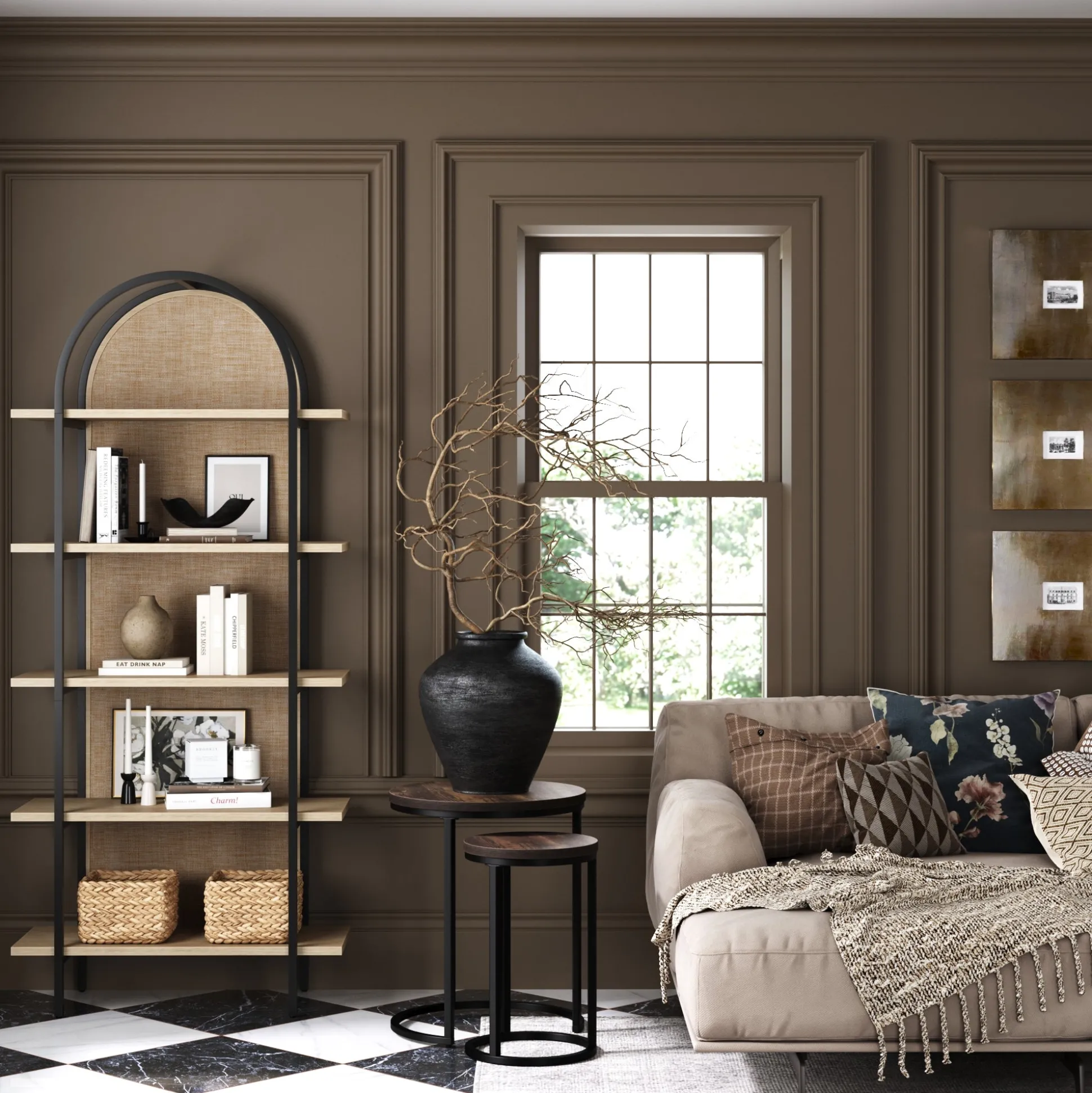 Boho Rattan & Wood Arched Bookshelf