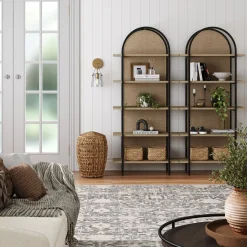 Boho Rattan & Wood Arched Bookshelf