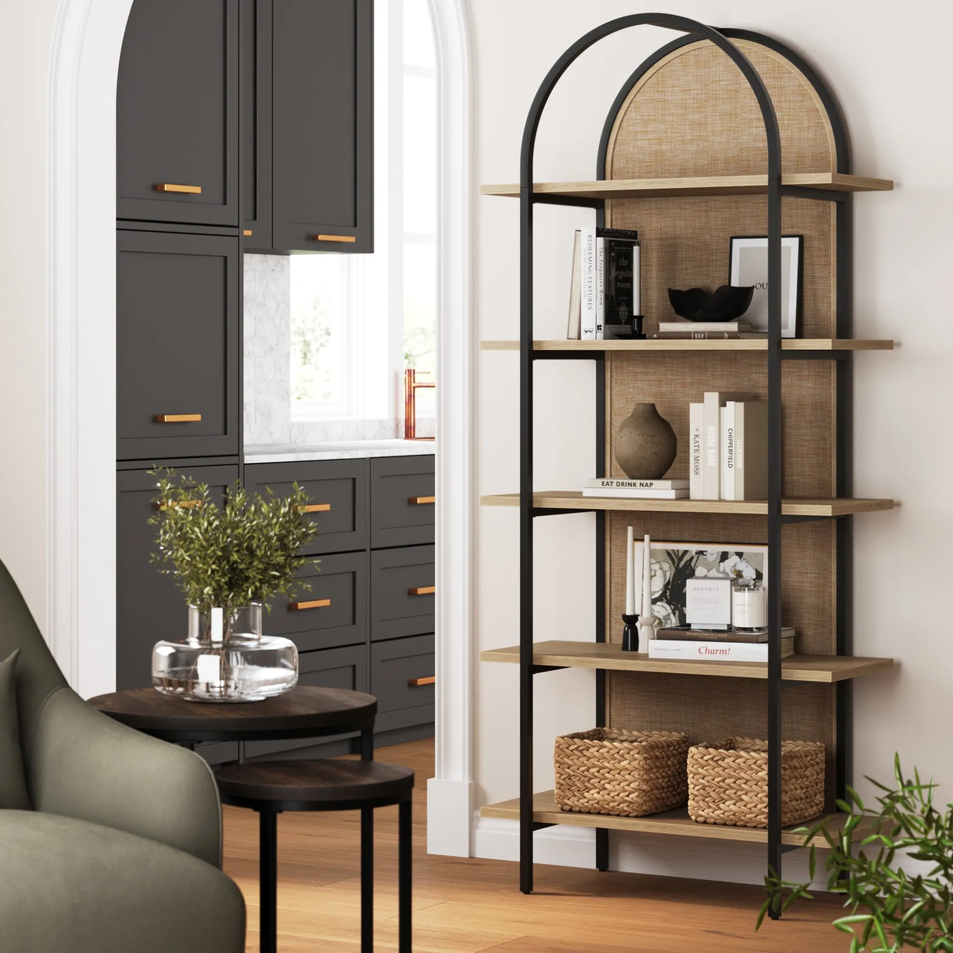Boho Rattan & Wood Arched Bookshelf