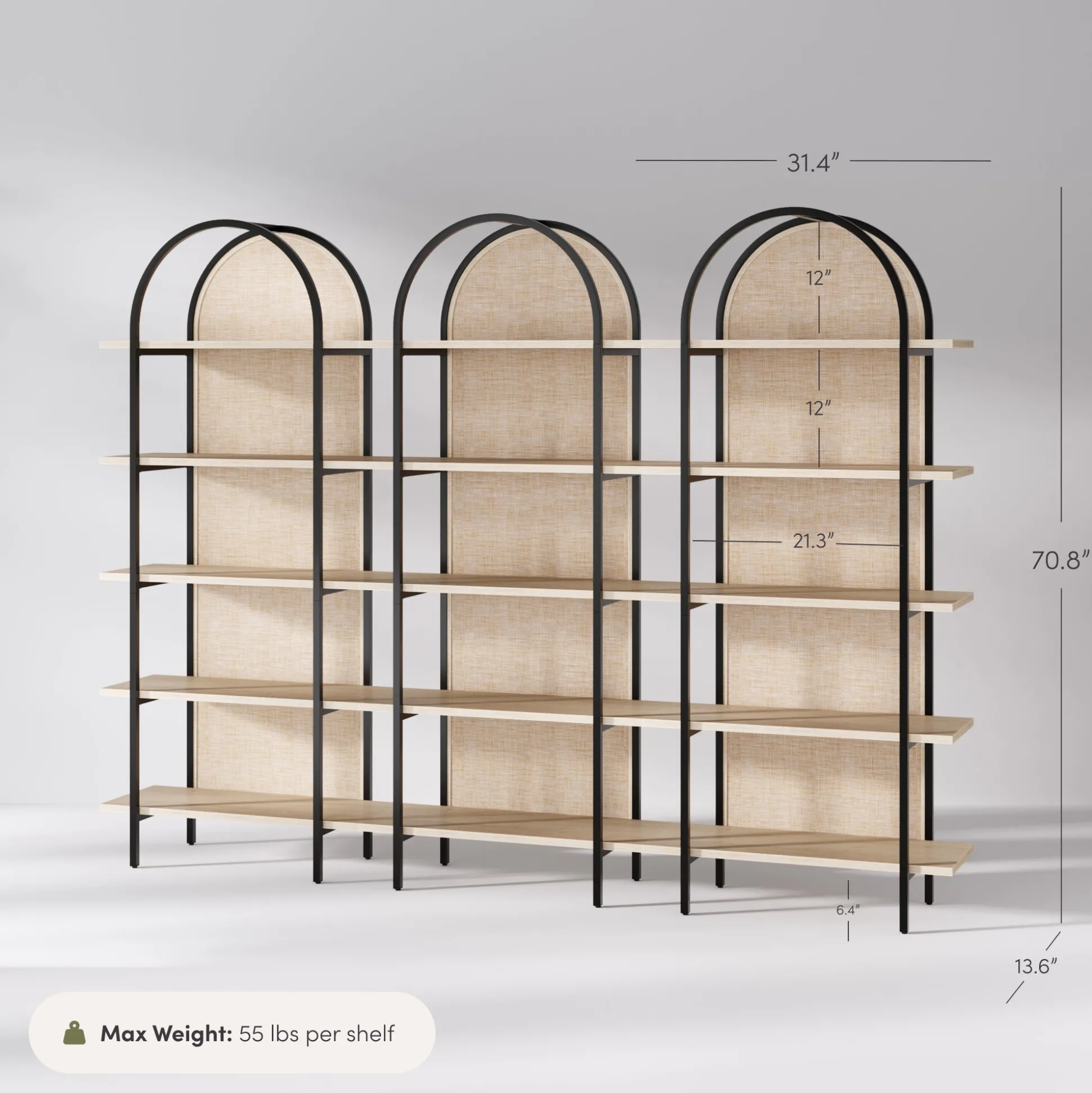 Boho Rattan & Wood Arched Bookshelves (Set of 3)