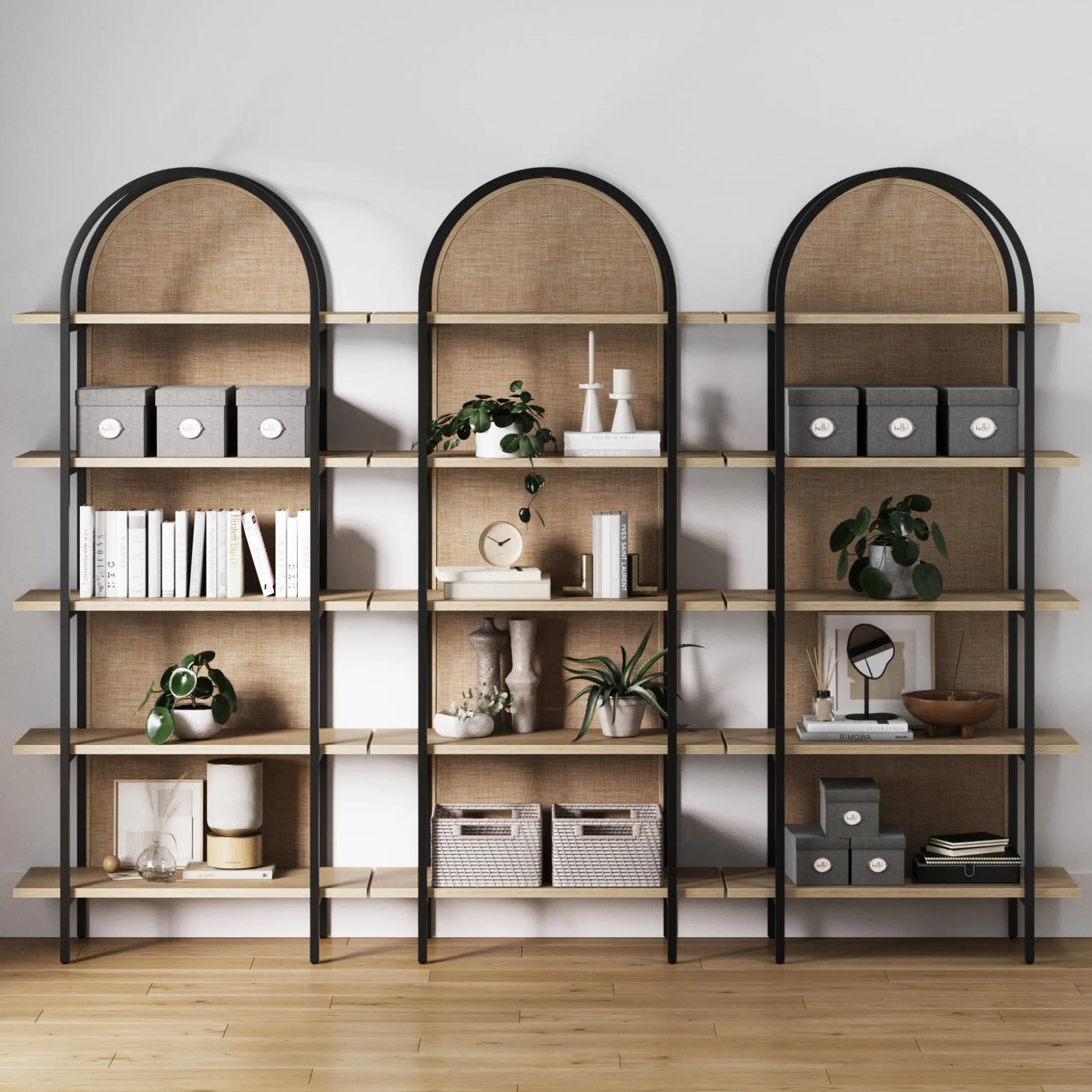 Boho Rattan & Wood Arched Bookshelves (Set of 3)