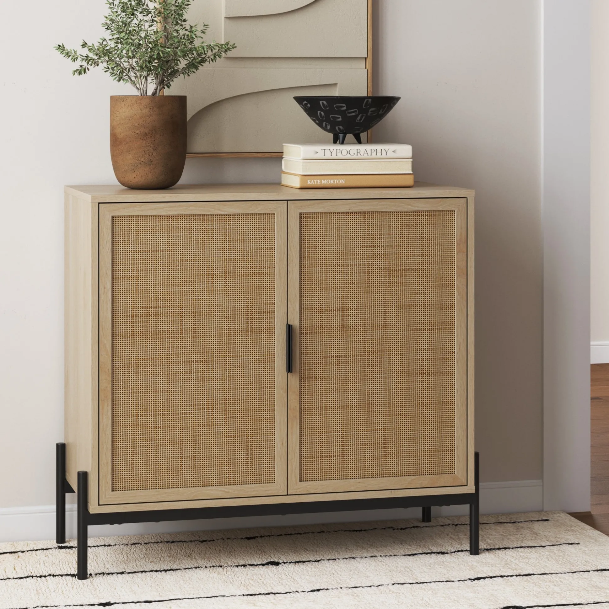 Boho Rattan & Wood Storage Cabinet Light Oak