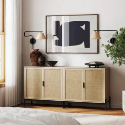 Boho Rattan & Wood Storage Cabinet Light Oak